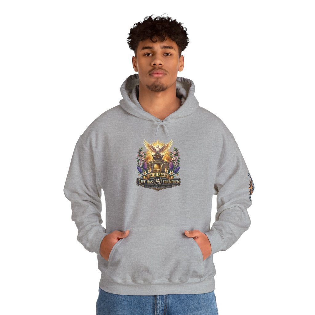 He Is Risen "Life Has Triumphed" Hoodie — Easter Resurrection Christian Hoodie Printify