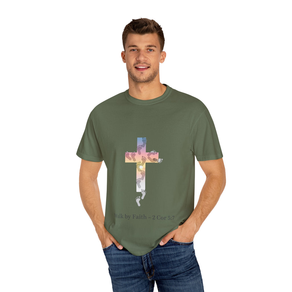 Walk by Faith T-Shirt – Cross & Footprints Christian Tee for Bold Believers Printify