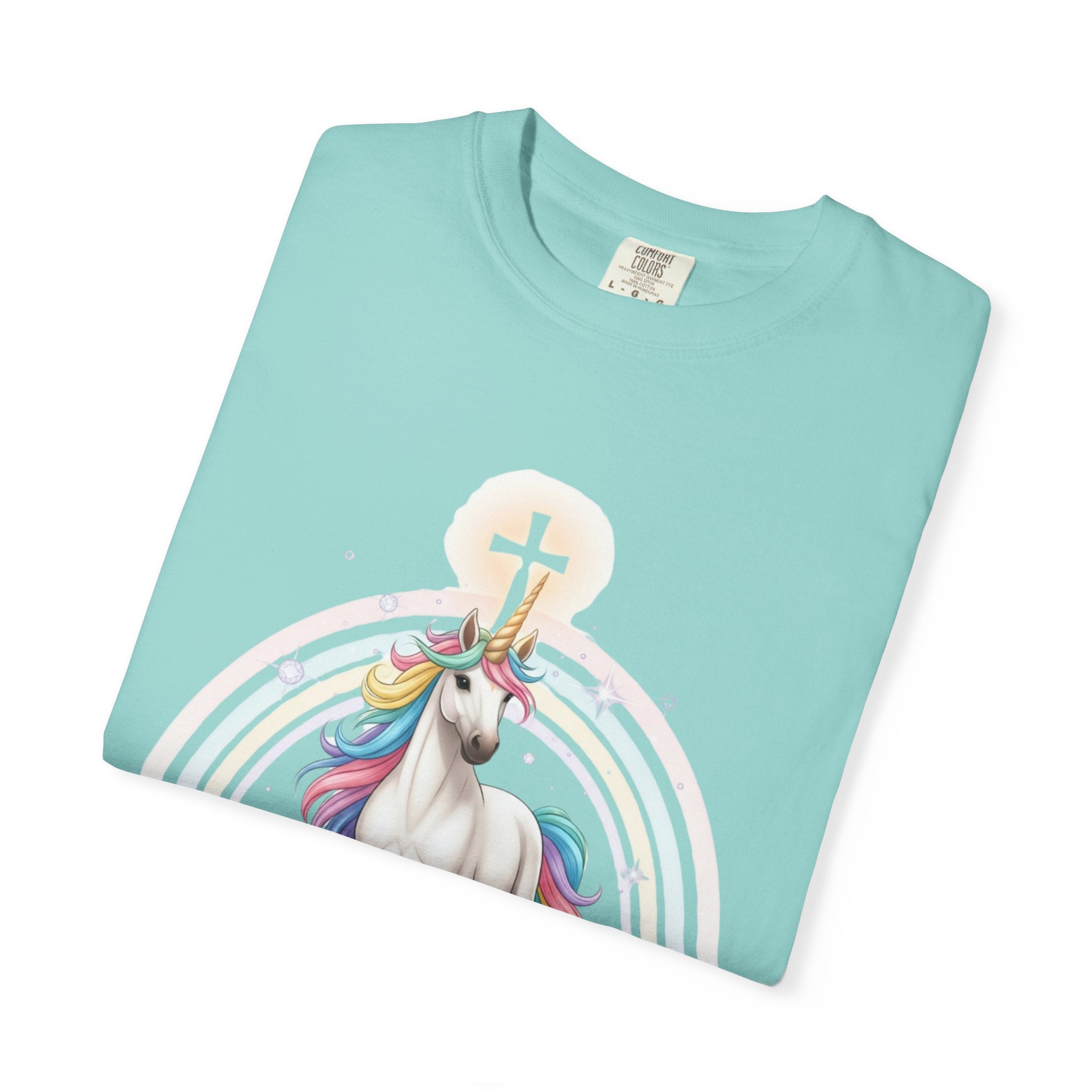 Unique Unicorn Christian T-Shirt – Wonderfully Made with Rainbow Cross & Psalm 139:14 Printify