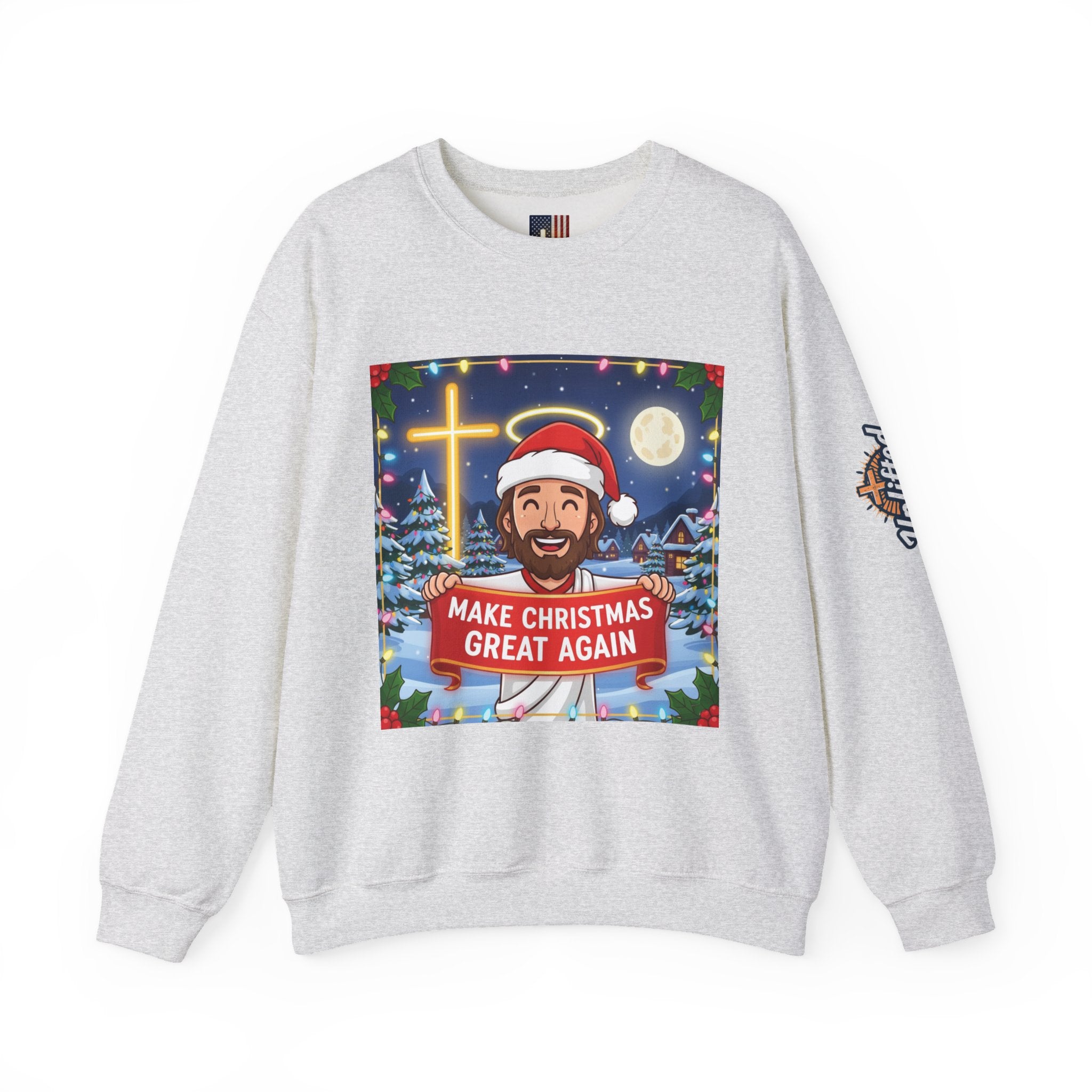 🎄 Make Christmas Great Again – Funny Christian Sweatshirt | Jesus Holding Banner | Faith-Based Holiday Parody Tee | Uplifted Gear Printify