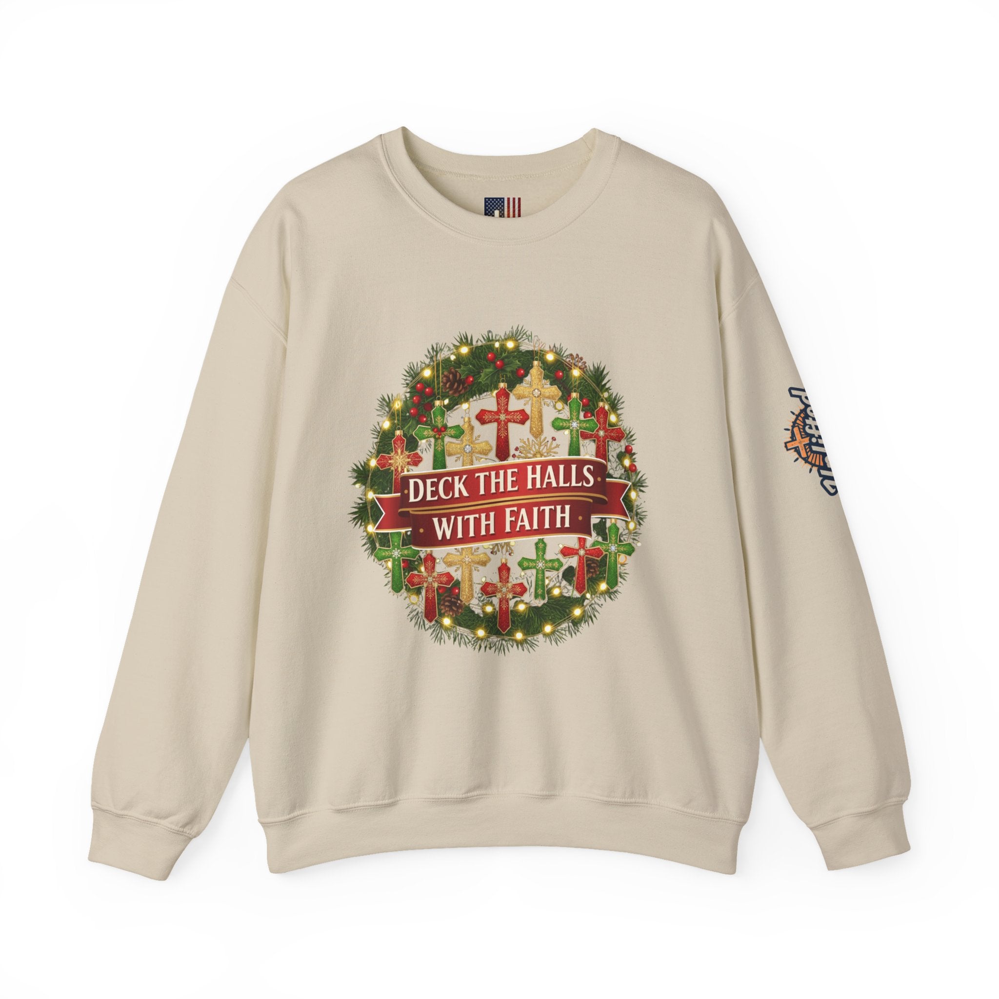🎄 Deck the Halls with Faith – Christian Christmas Sweatshirt | Cross Ornament Design & Festive Garland | Bold Holiday Faith Tee by Uplifted Gear Printify