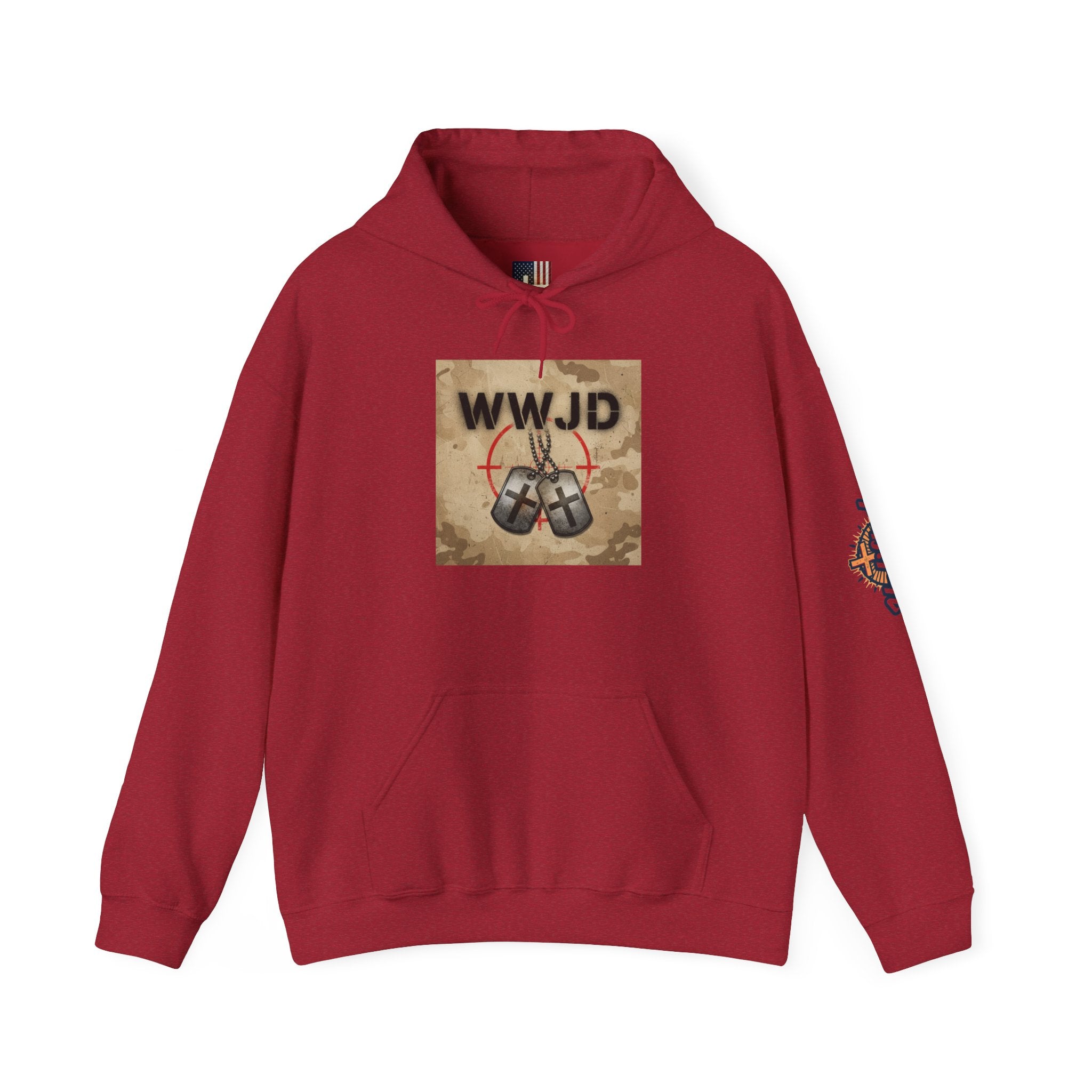 WWJD Hoodie – Military Dog Tags What Would Jesus Do Camo Christian Sweatshirt for Bold Faith & Streetwear Printify