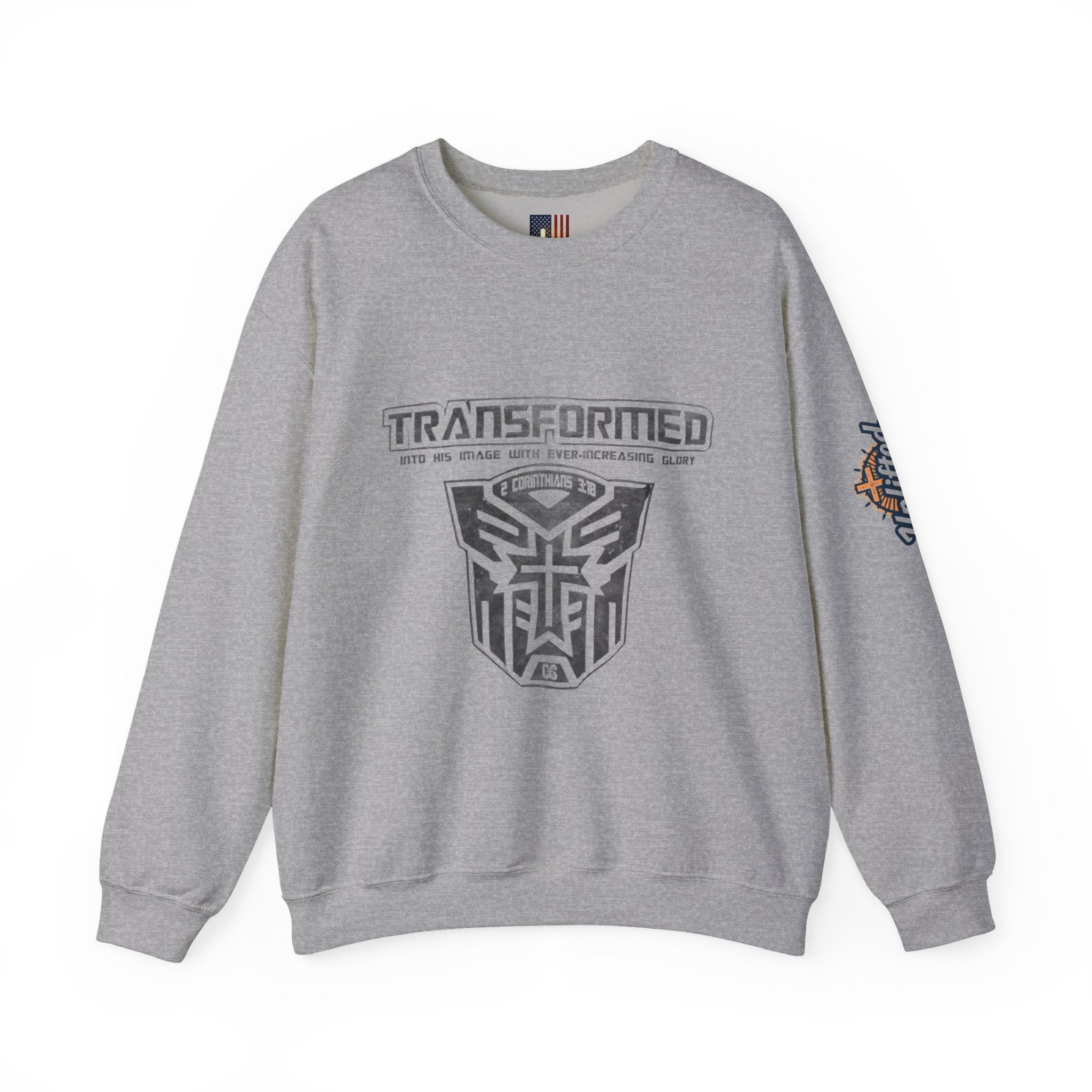 Transformer Logo Christian Sweatshirt | 2 Corinthians 3:18 Bible Verse Sweatshirt Printify