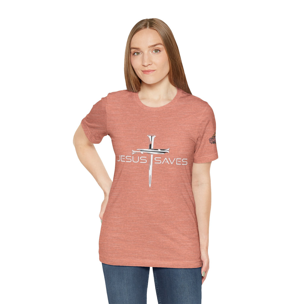Jesus Saves T-shirt – 3 Nails Crucifix Cross Christian T-shirt for Redemption Faith & Bold Salvation Printify