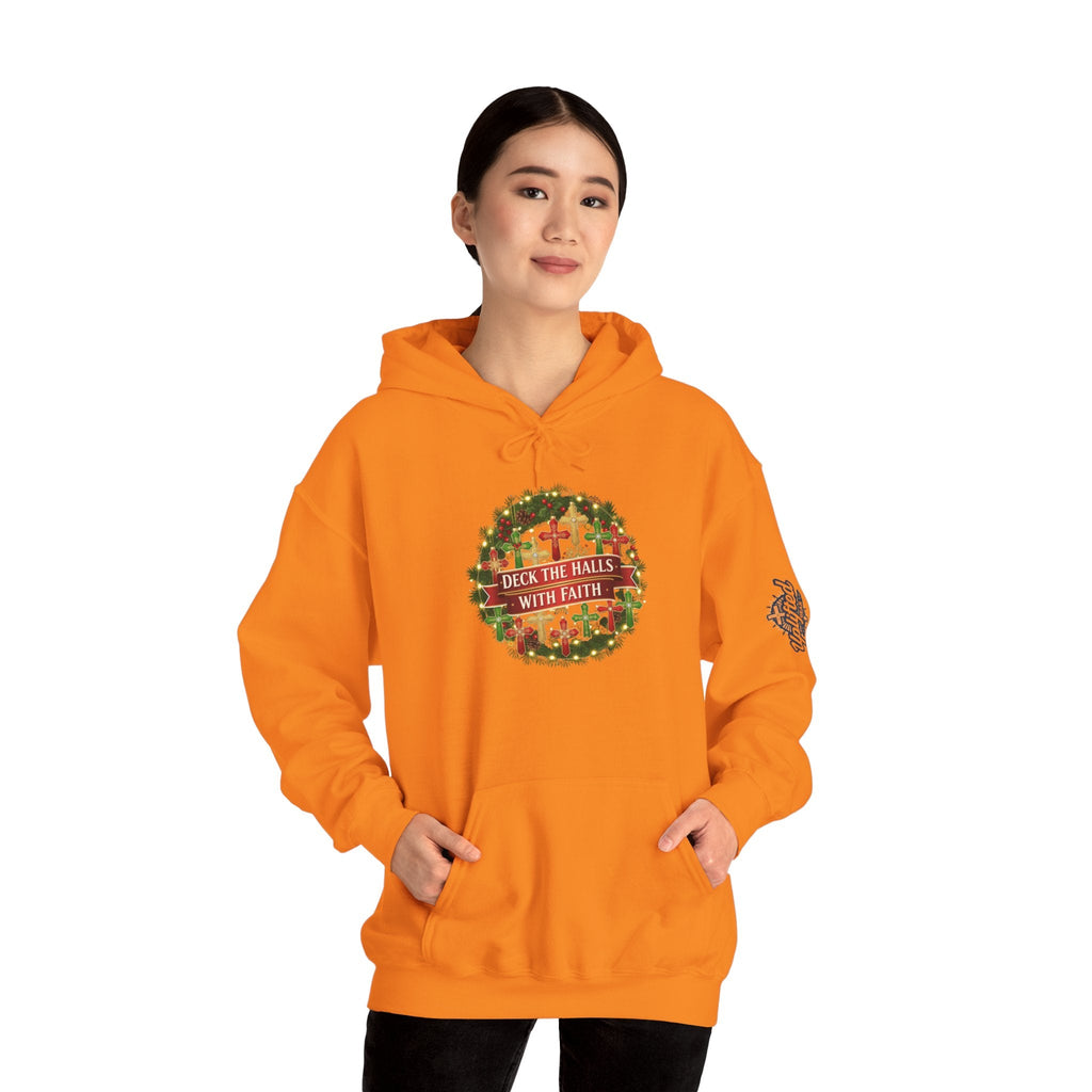 🎄 Deck the Halls with Faith – Christian Christmas Hoodie | Cross Ornament Design & Festive Garland | Bold Holiday Faith Tee by Uplifted Gear Printify
