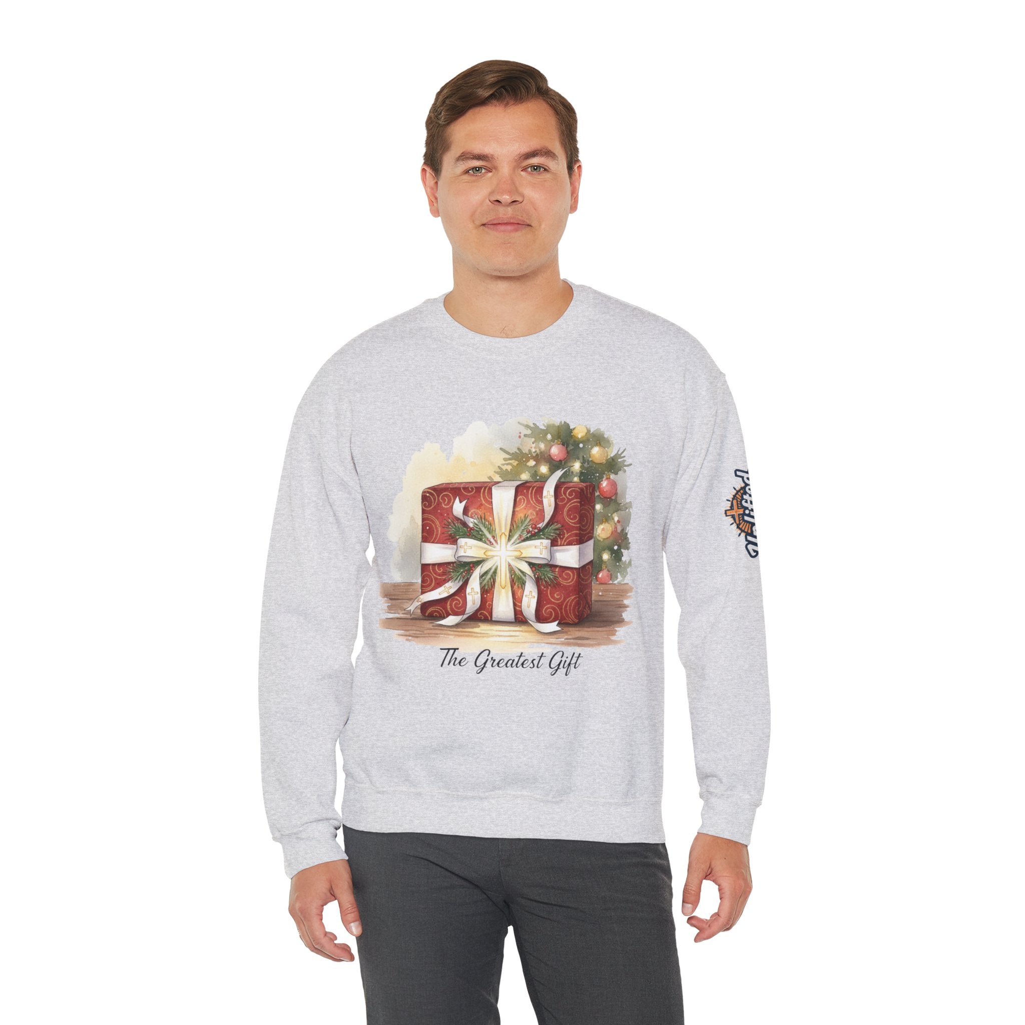 The Greatest Gift Sweatshirt – Cross Bow Present Christian Sweatshirt for Christmas Salvation & Eternal Faith Printify