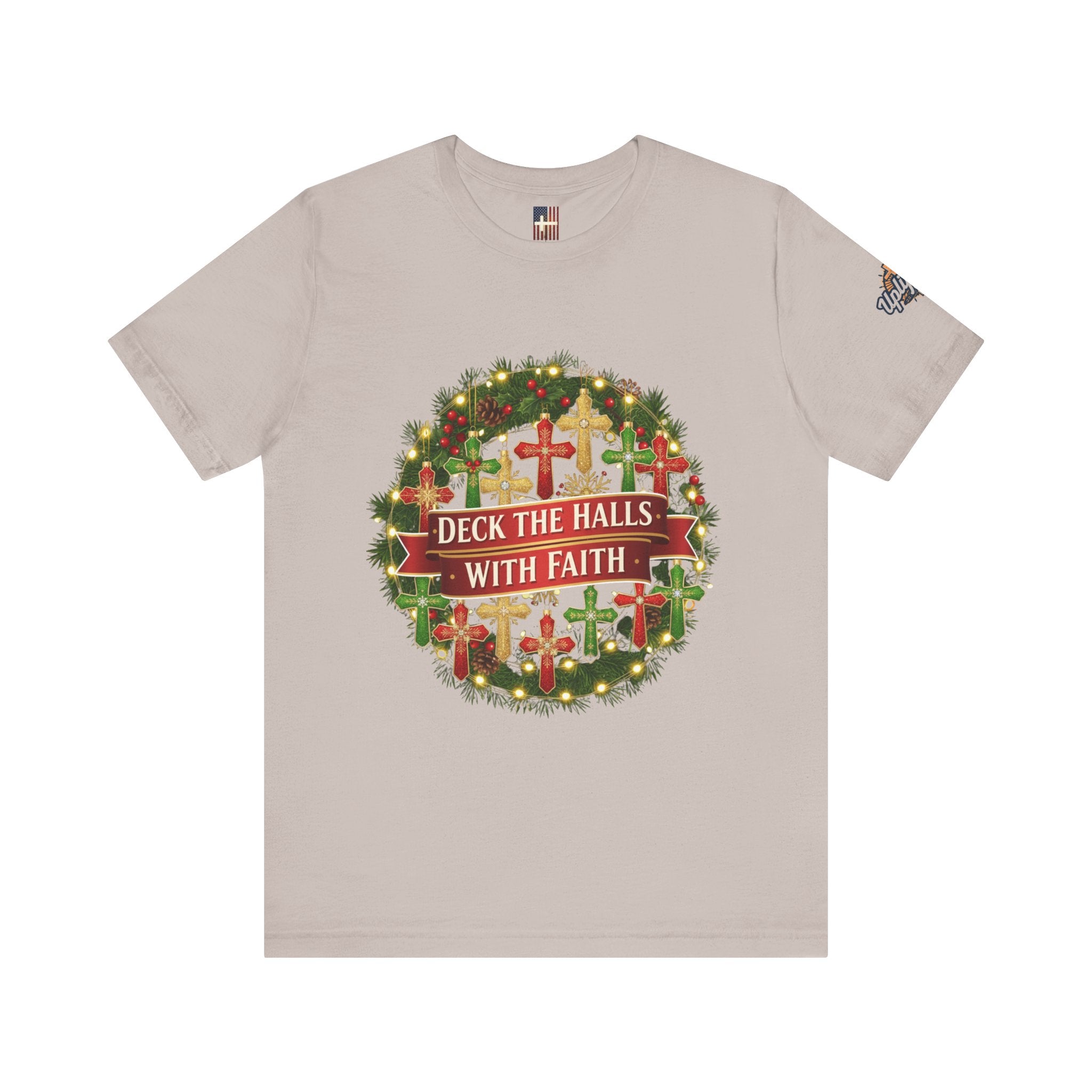 🎄 Deck the Halls with Faith – Christian Christmas T-Shirt | Cross Ornament Design & Festive Garland | Bold Holiday Faith Tee by Uplifted Gear Printify