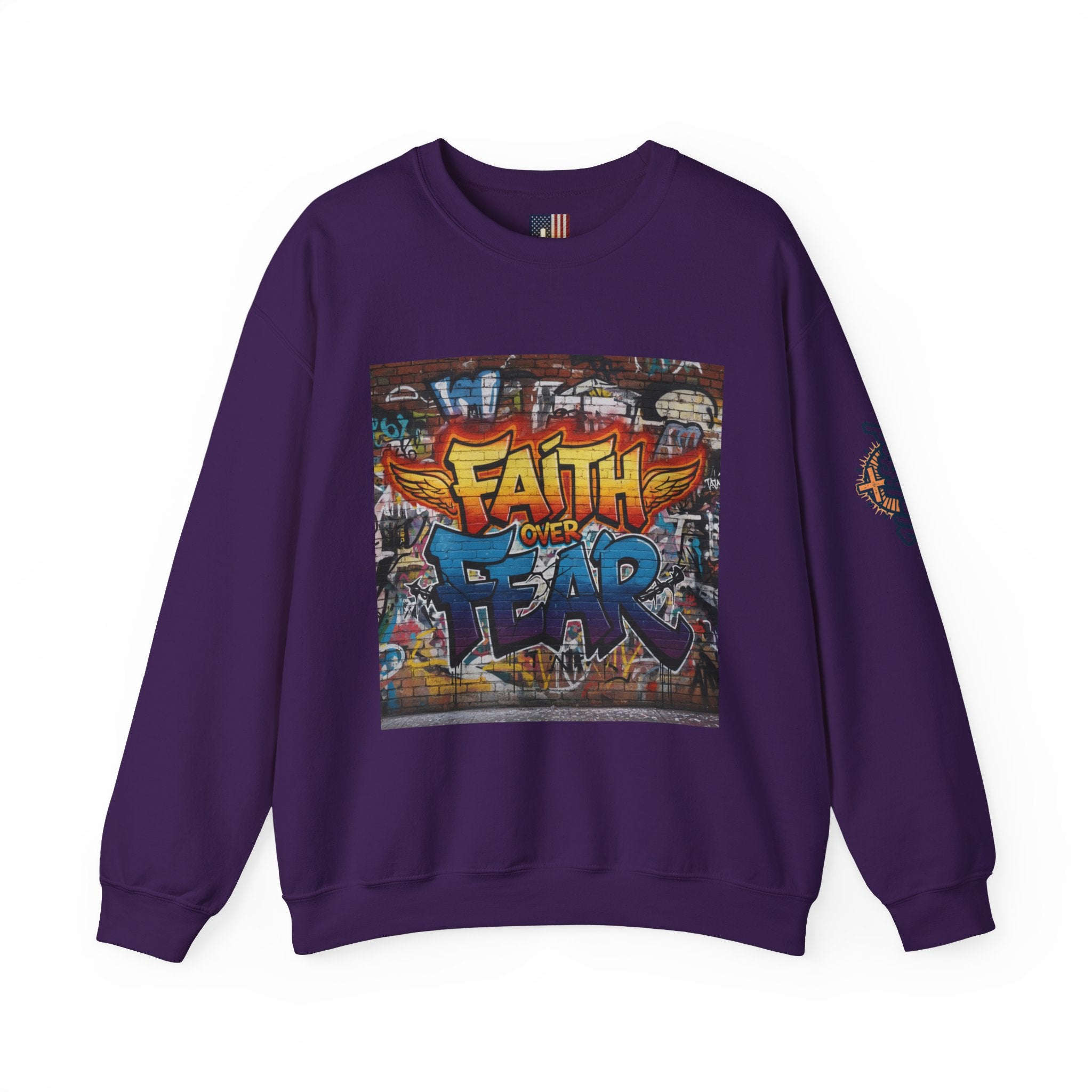 Faith Over Fear Sweatshirt – Graffiti Wall Christian Sweatshirt for Bold 2 Corinthians 5:7 Streetwear & Unshakable Faith Printify