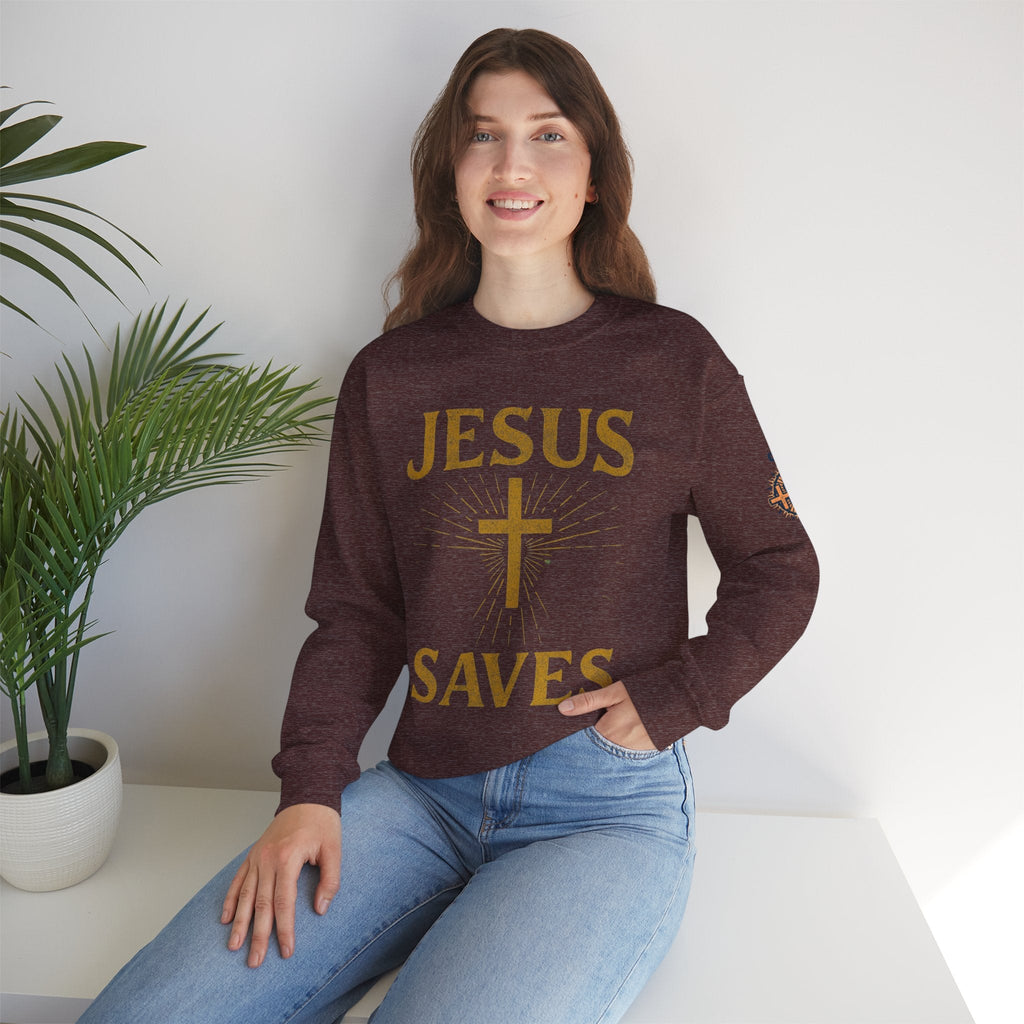 Jesus Saves Sweatshirt – Radiant Cross & Rays of Light Christian Sweatshirt for Eternal Hope & Faith Printify