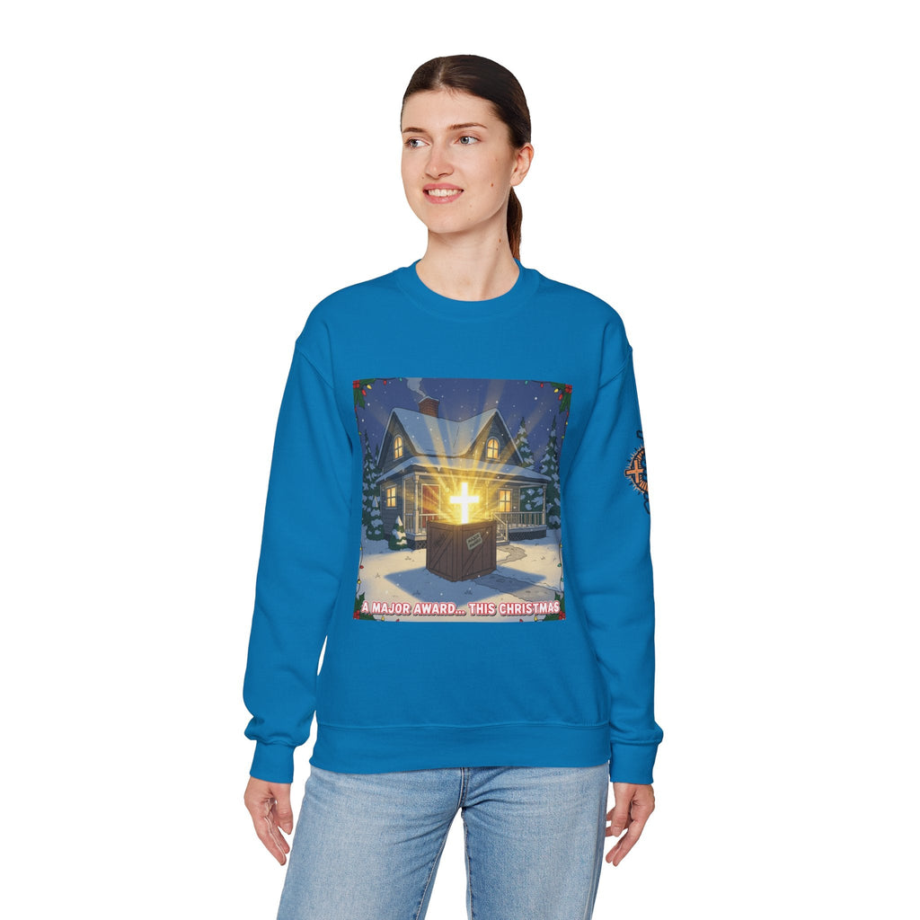 A Major Award This Christmas Sweatshirt – Fragile Leg Lamp Parody Cross Unboxing Christian Sweatshirt for Hilarious Faith & Holiday Glow Printify