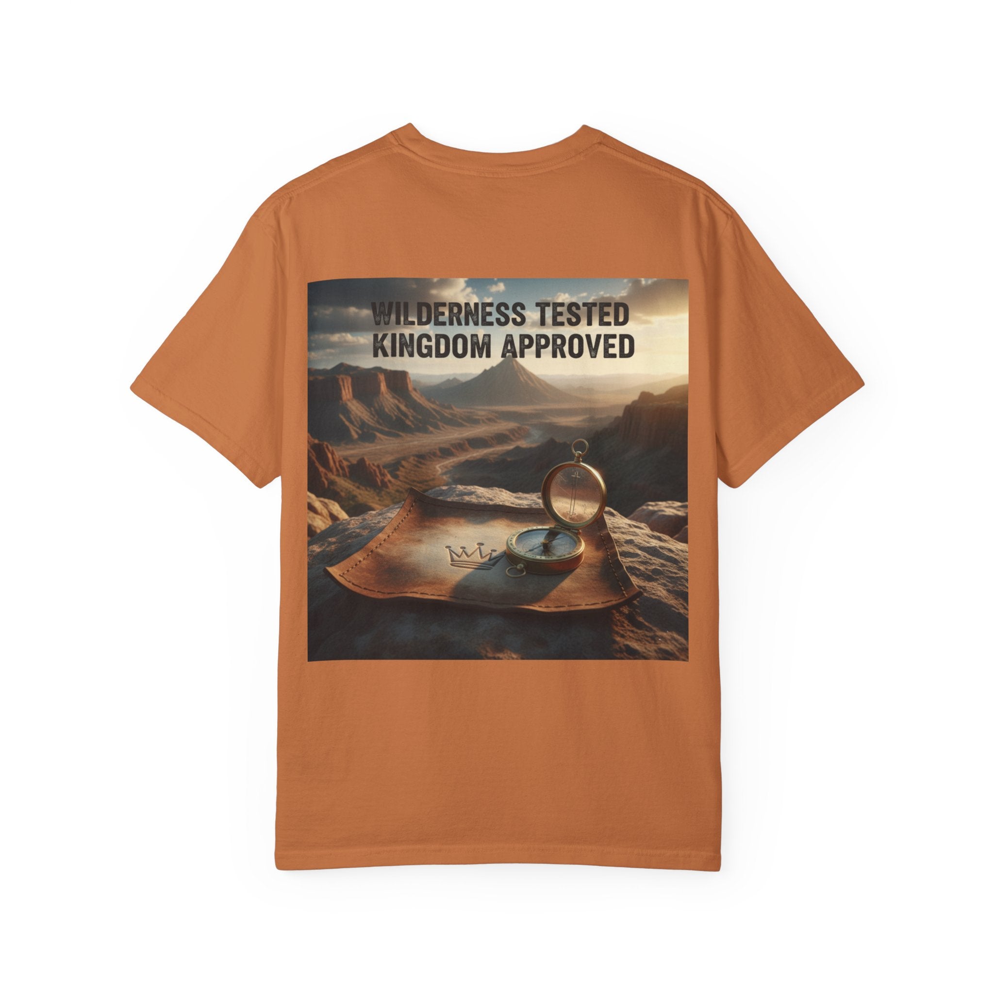 Wilderness Tested Kingdom Approved T-shirt – Mountain Desert Compass Crown Christian T-shirt for Biblical Adventure Faith Printify