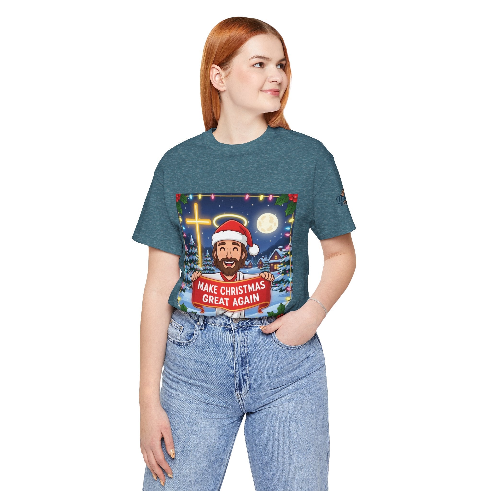 🎄 Make Christmas Great Again – Funny Christian T-Shirt | Jesus Holding Banner | Faith-Based Holiday Parody Tee | Uplifted Gear Printify