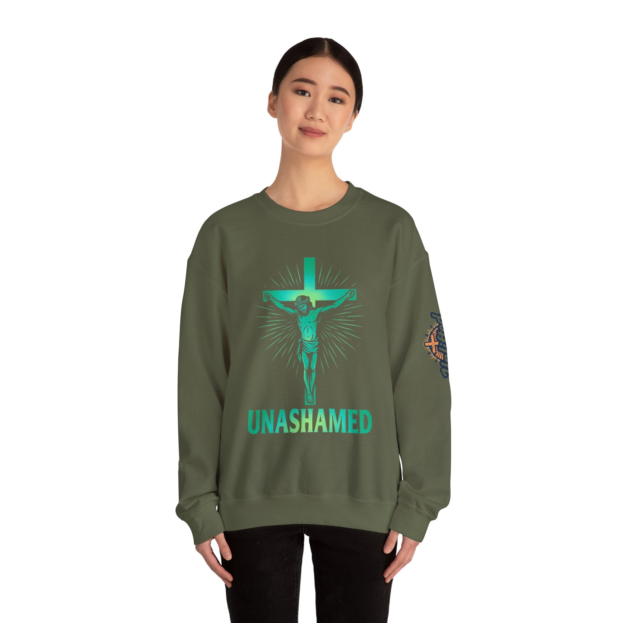 Unashamed Sweatshirt – Romans 1:16 Crucifixion Christian Sweatshirt for Bold Unwavering Faith Printify