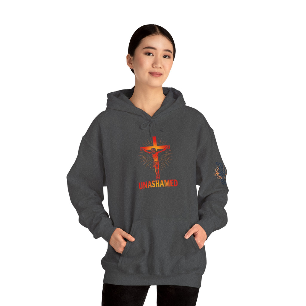 Unashamed Hoodie – Romans 1:16 Crucifixion Christian Sweatshirt for Bold Unwavering Faith Printify