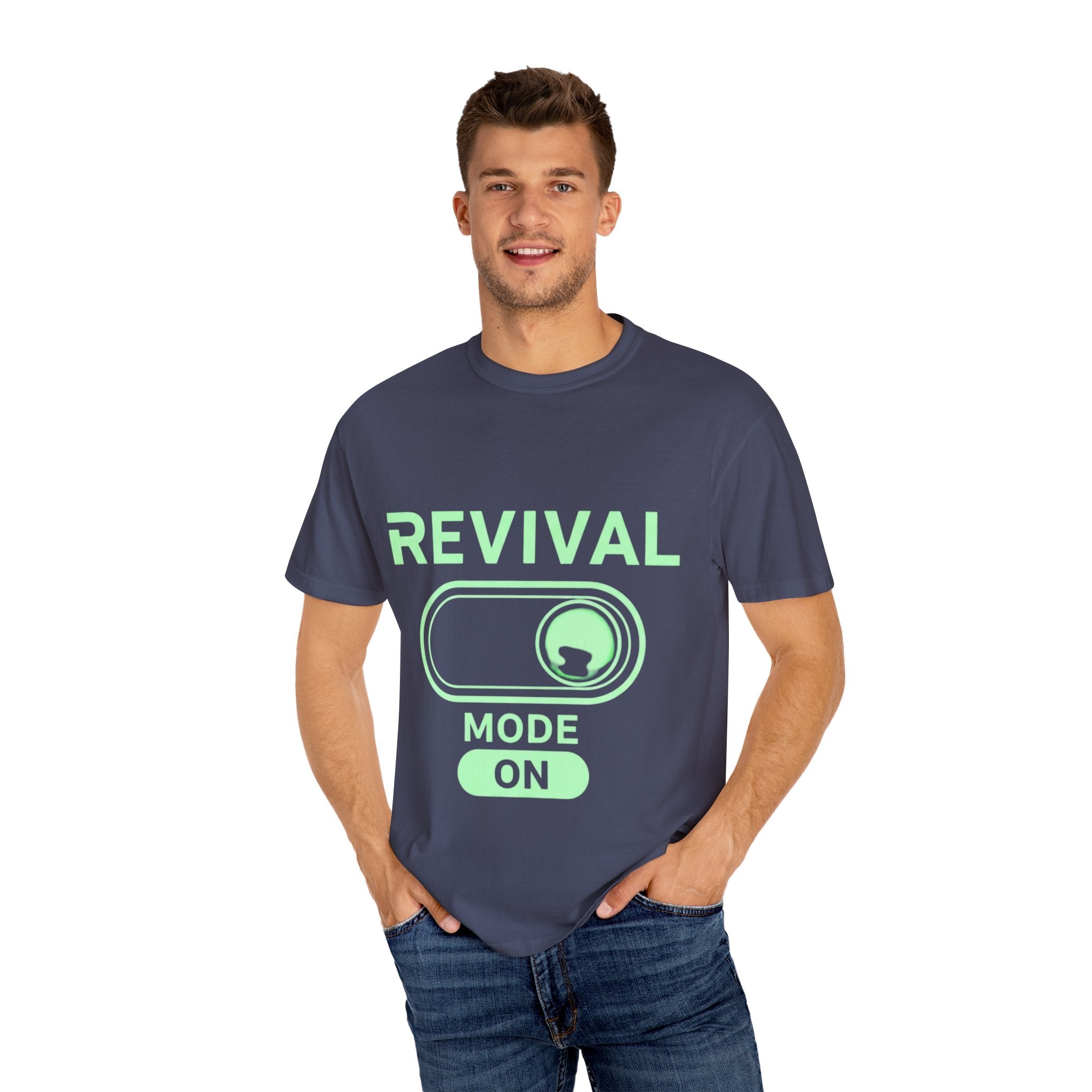🔥 Revival Mode: ON – Christian Techwear T-Shirt | Glowing Green Faith Switch | Futuristic Jesus Shirt | Activate Your Spiritual Awakening | Uplifted Gear Printify