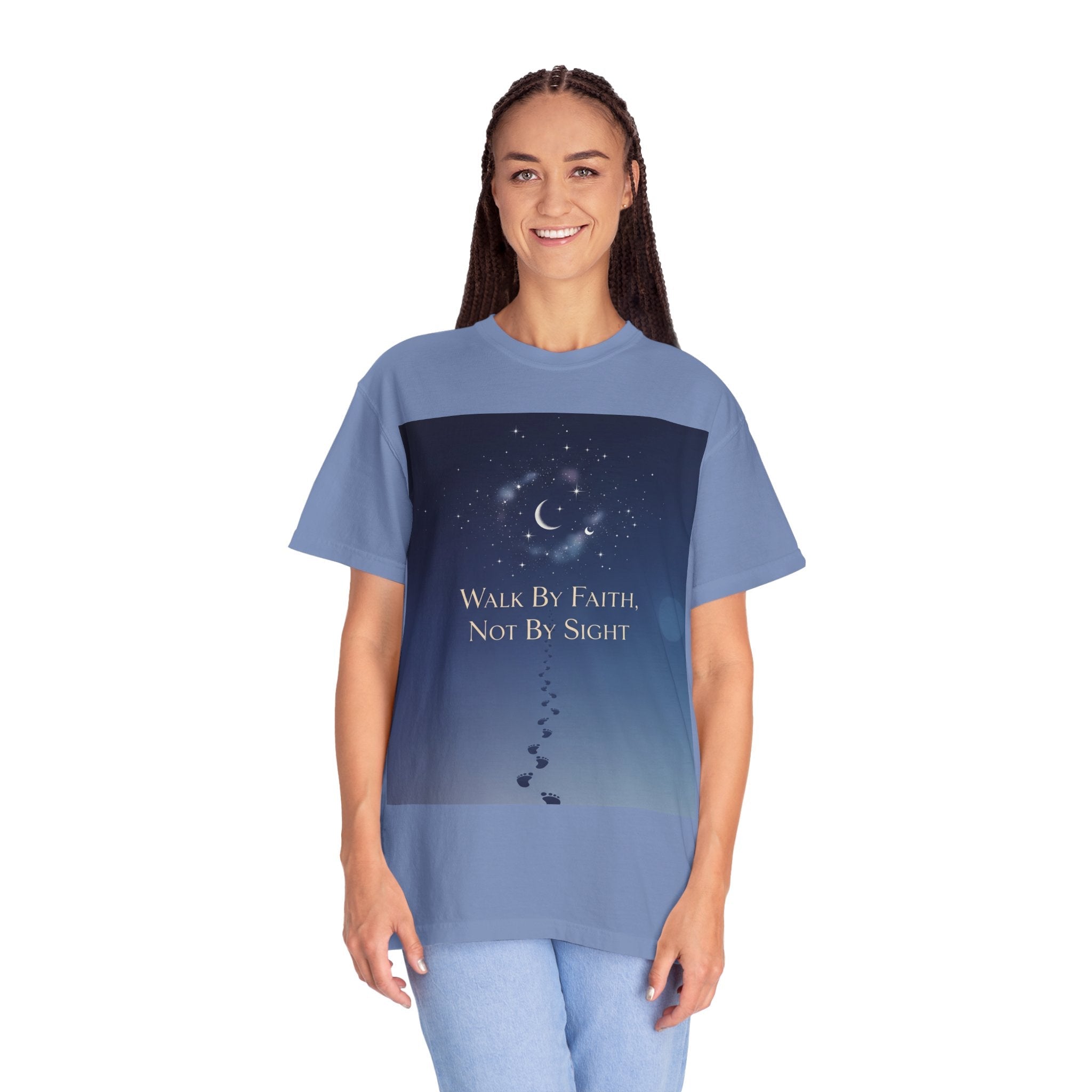 Walk by Faith, Not by Sight T-Shirt – Footprints in the Sand Christian Moonlit Tee Printify