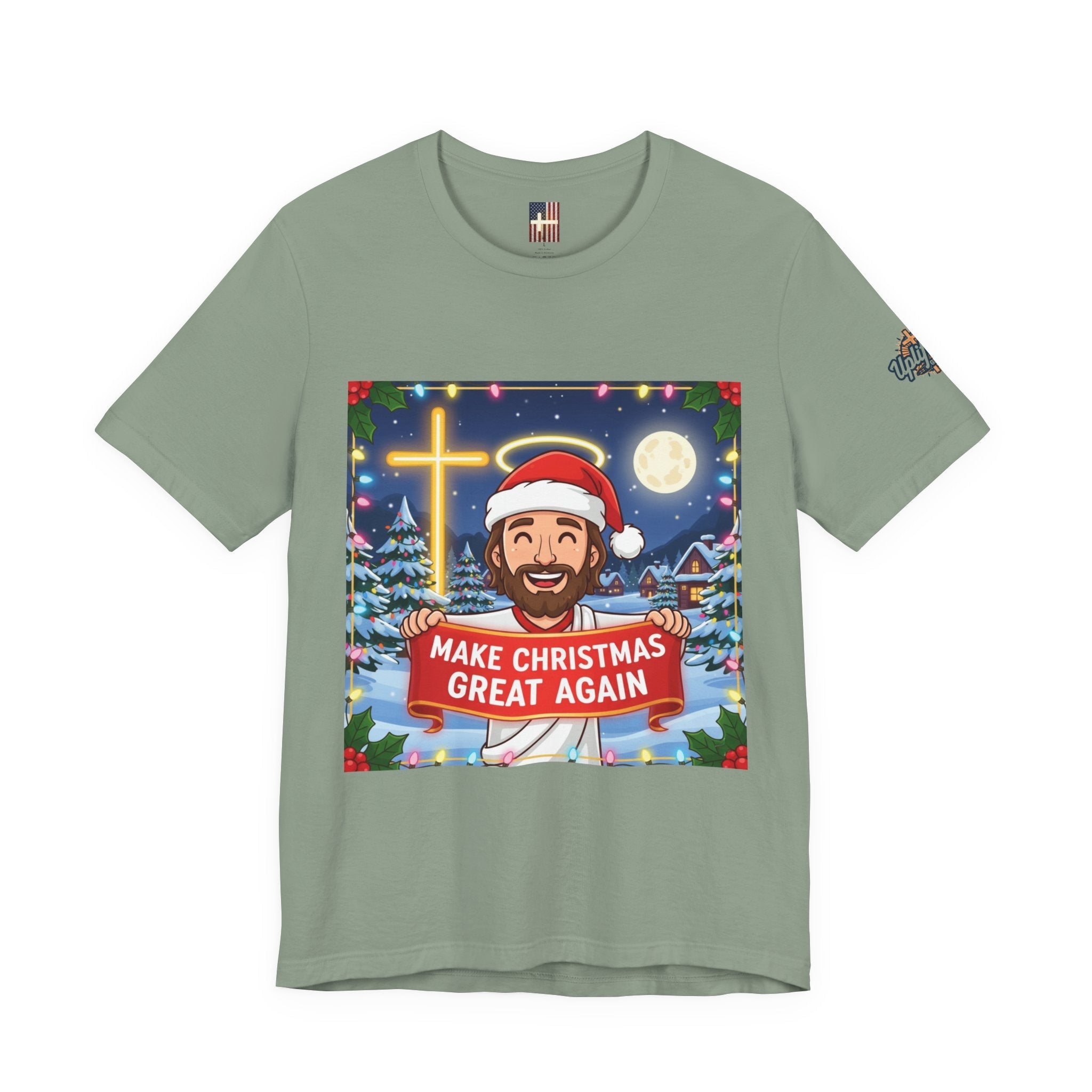 🎄 Make Christmas Great Again – Funny Christian T-Shirt | Jesus Holding Banner | Faith-Based Holiday Parody Tee | Uplifted Gear Printify