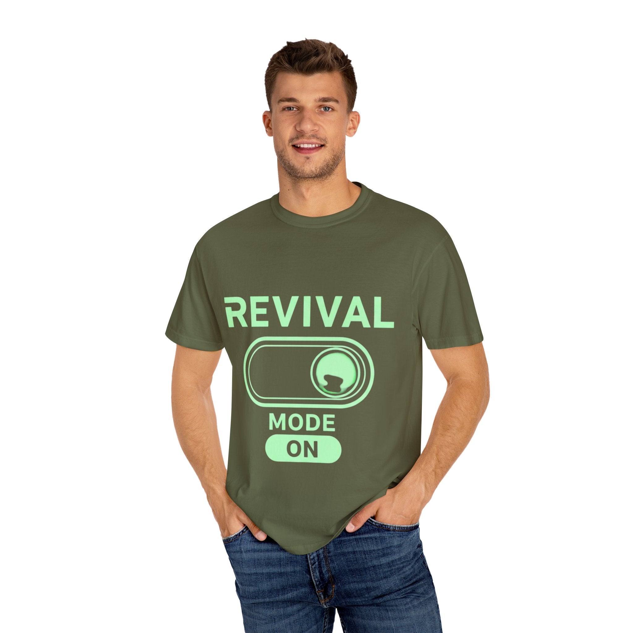 🔥 Revival Mode: ON – Christian Techwear T-Shirt | Glowing Green Faith Switch | Futuristic Jesus Shirt | Activate Your Spiritual Awakening | Uplifted Gear Printify