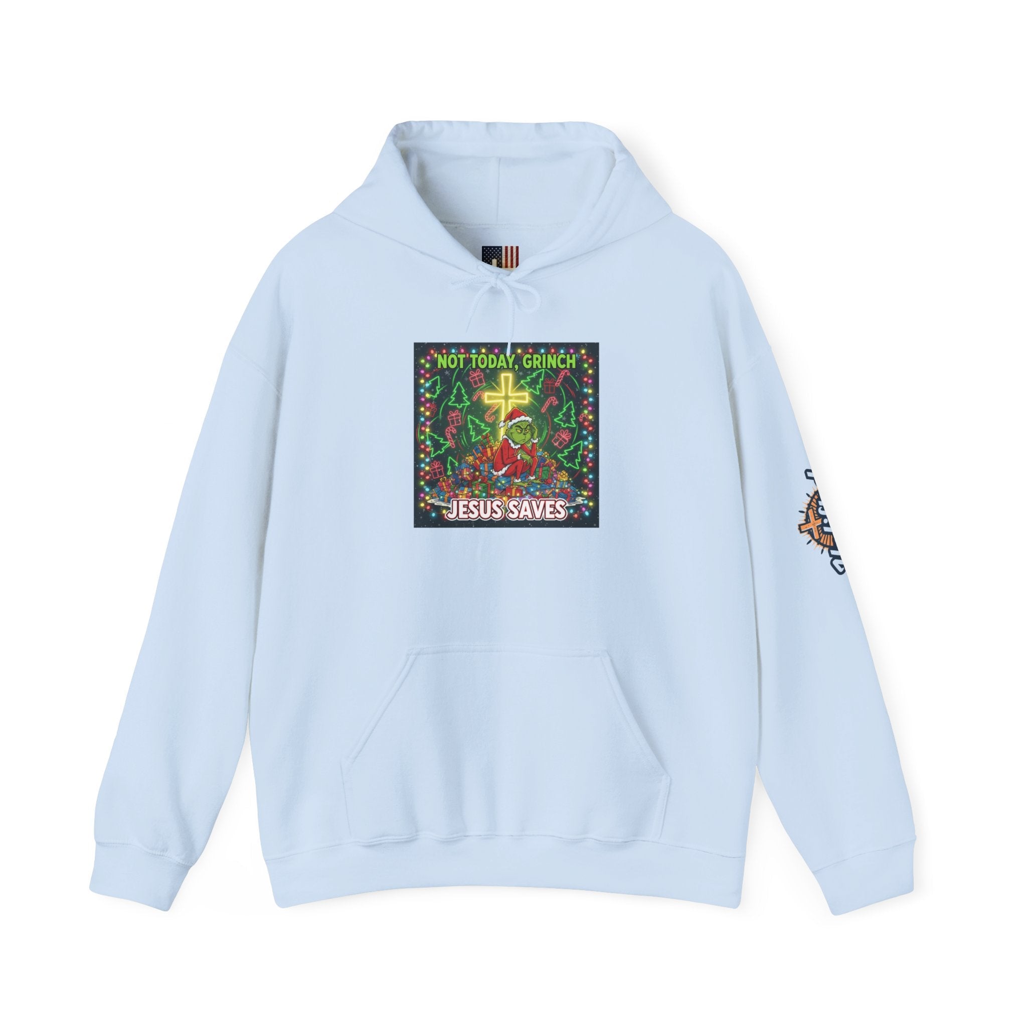 🎄 Not Today, Grinch – Jesus Saves | Funny Christian Christmas Hoodie | Festive Green & Red Cartoon Style | Bold Faith Holiday Tee by Uplifted Gear Printify