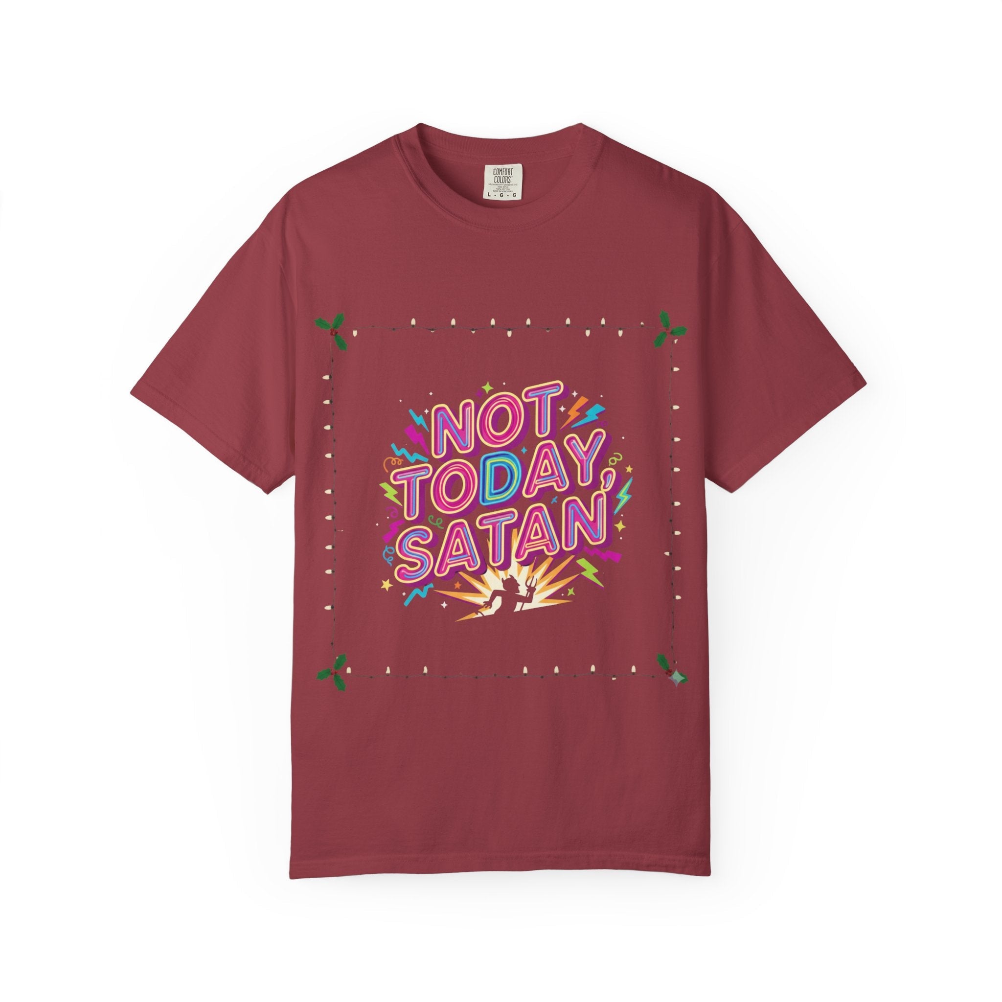 🔥 Not Today, Satan – Retro 90s Christian T-Shirt | Neon Faith Tee | Funky Cartoon Devil | Bold Bible Verse Shirt | Uplifted Gear Printify