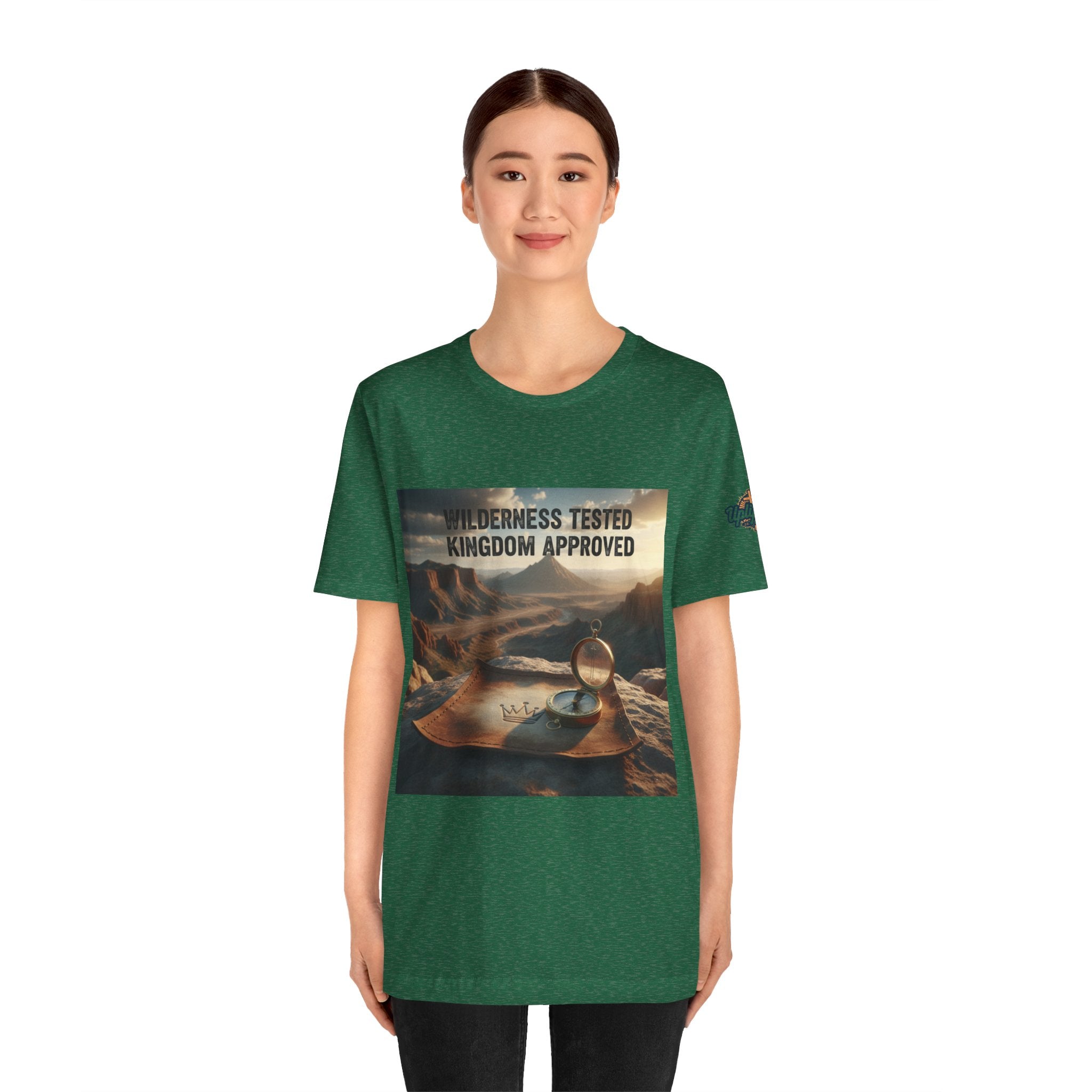 Wilderness Tested Kingdom Approved T-shirt – Mountain Desert Compass Crown Christian T-shirt for Biblical Adventure Faith Printify