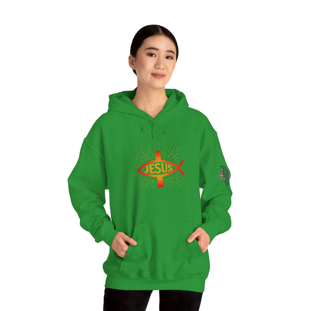 Jesus Ichthys Hoodie – Christian Fish Symbol with Cross & Jesus Inscription Sweatshirt for Eternal Faith & Streetwear Printify