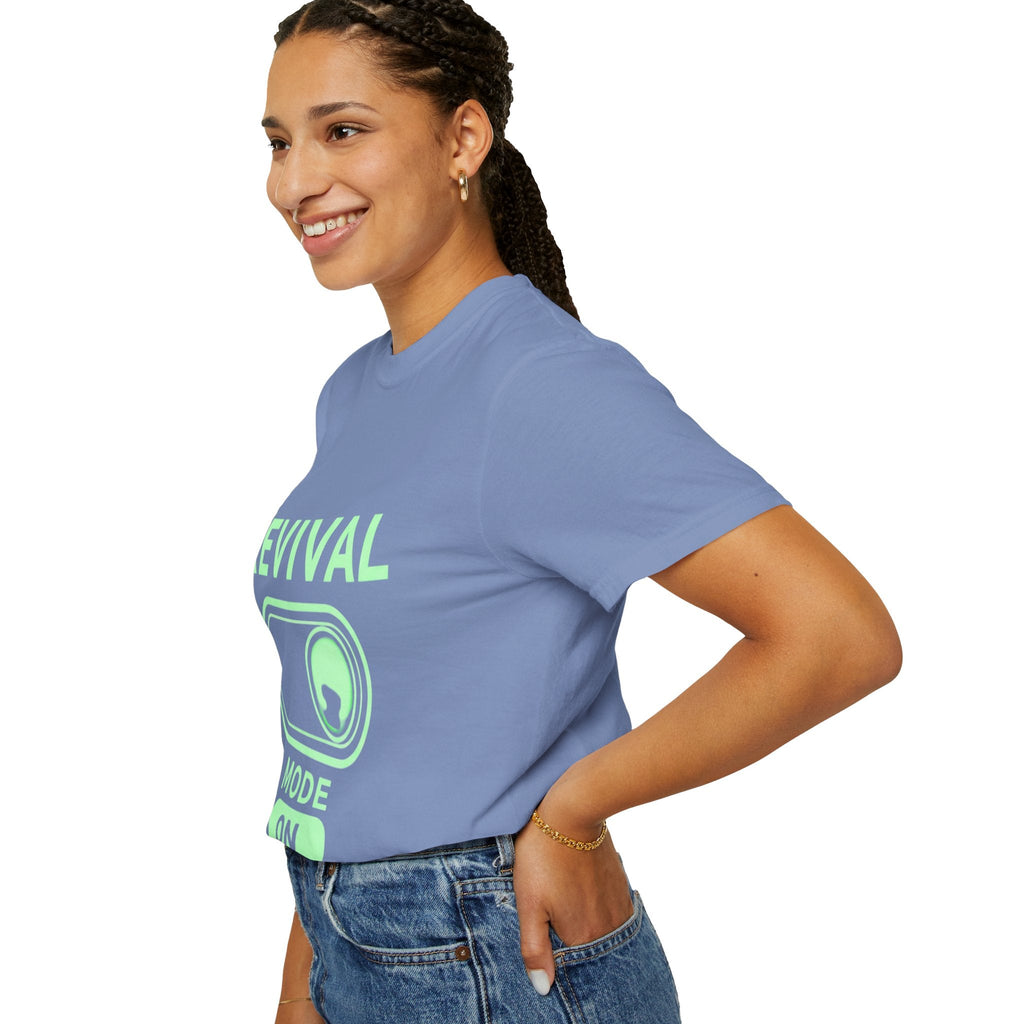 🔥 Revival Mode: ON – Christian Techwear T-Shirt | Glowing Green Faith Switch | Futuristic Jesus Shirt | Activate Your Spiritual Awakening | Uplifted Gear Printify