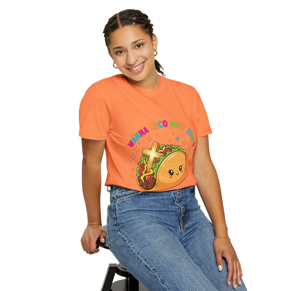 Wanna Taco 'Bout Jesus? Funny Christian Pun T-Shirt – Lettuce Pray & Share Faith! Printify