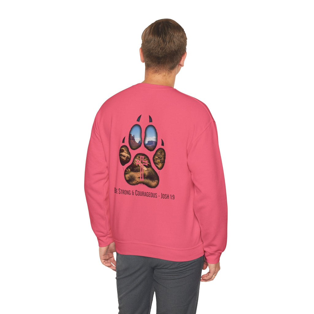 Strong and Courageous Sweatshirt – Joshua 1:9 Canine Pawprint Desert Christian Sweatshirt for Dog Lovers Printify