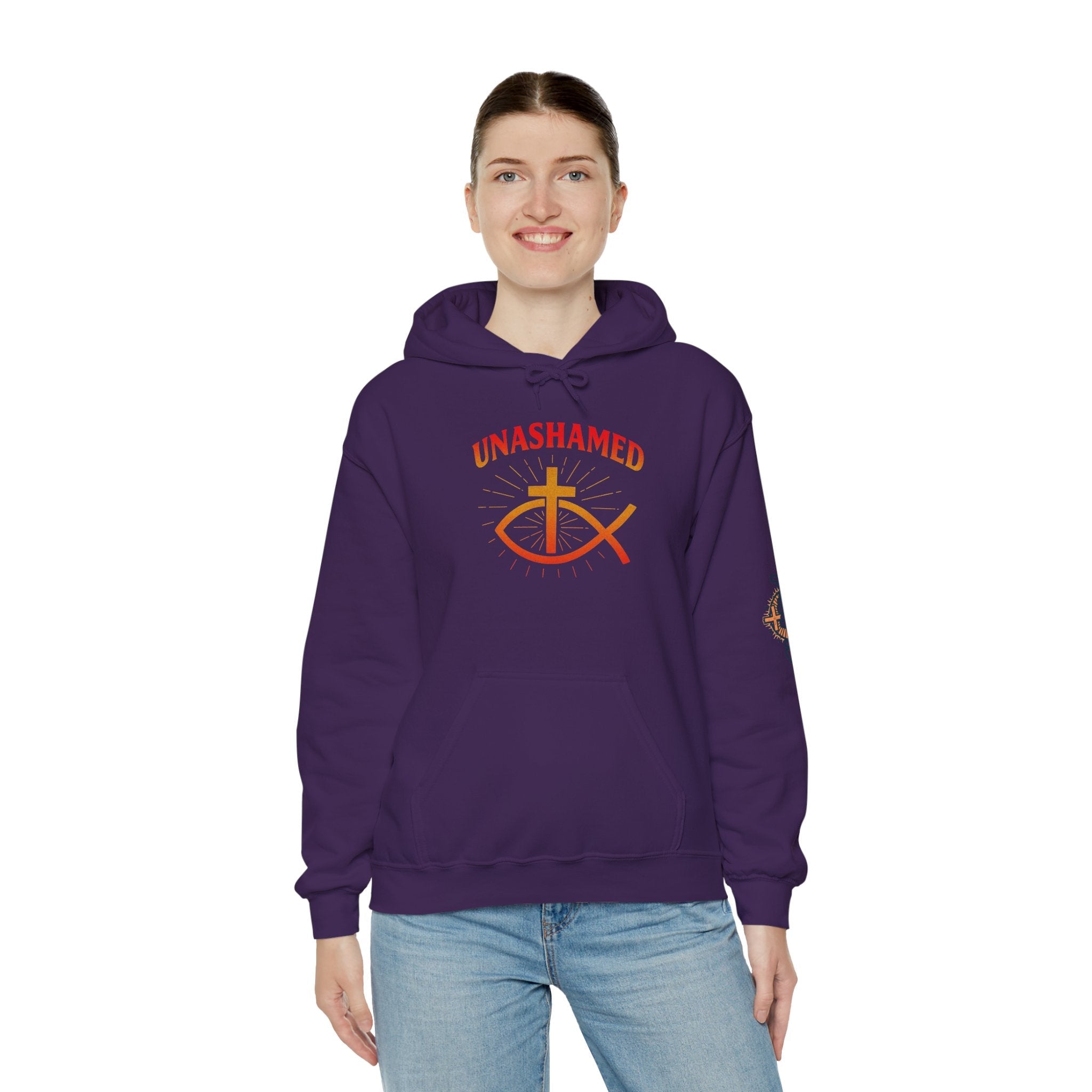 Unashamed Hoodie – Ichthys Jesus Fish & Cross Christian Sweatshirt for Romans 1:16 Bold Faith Printify