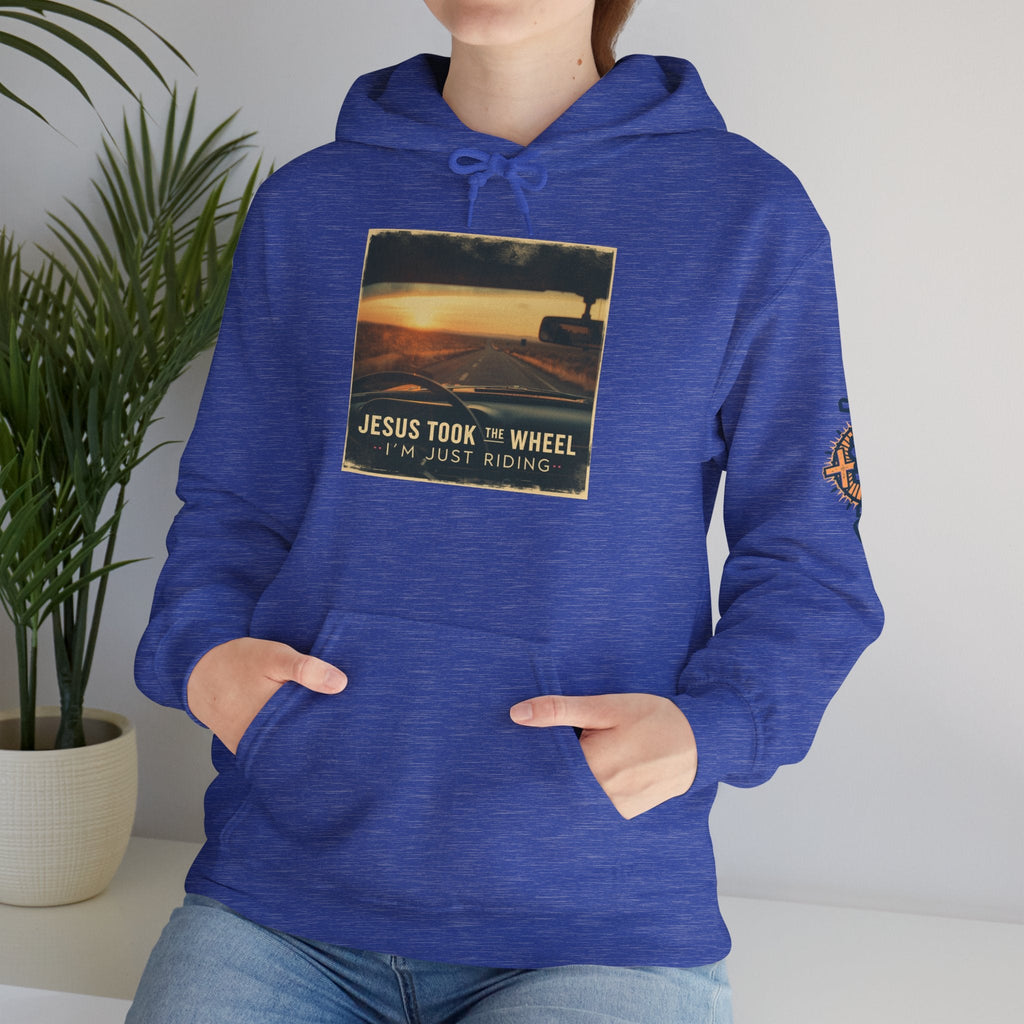 Jesus Took the Wheel I'm Just Riding Hoodie – Funny Christian Convertible Car Sweatshirt for Surrendered Faith & Humor Printify