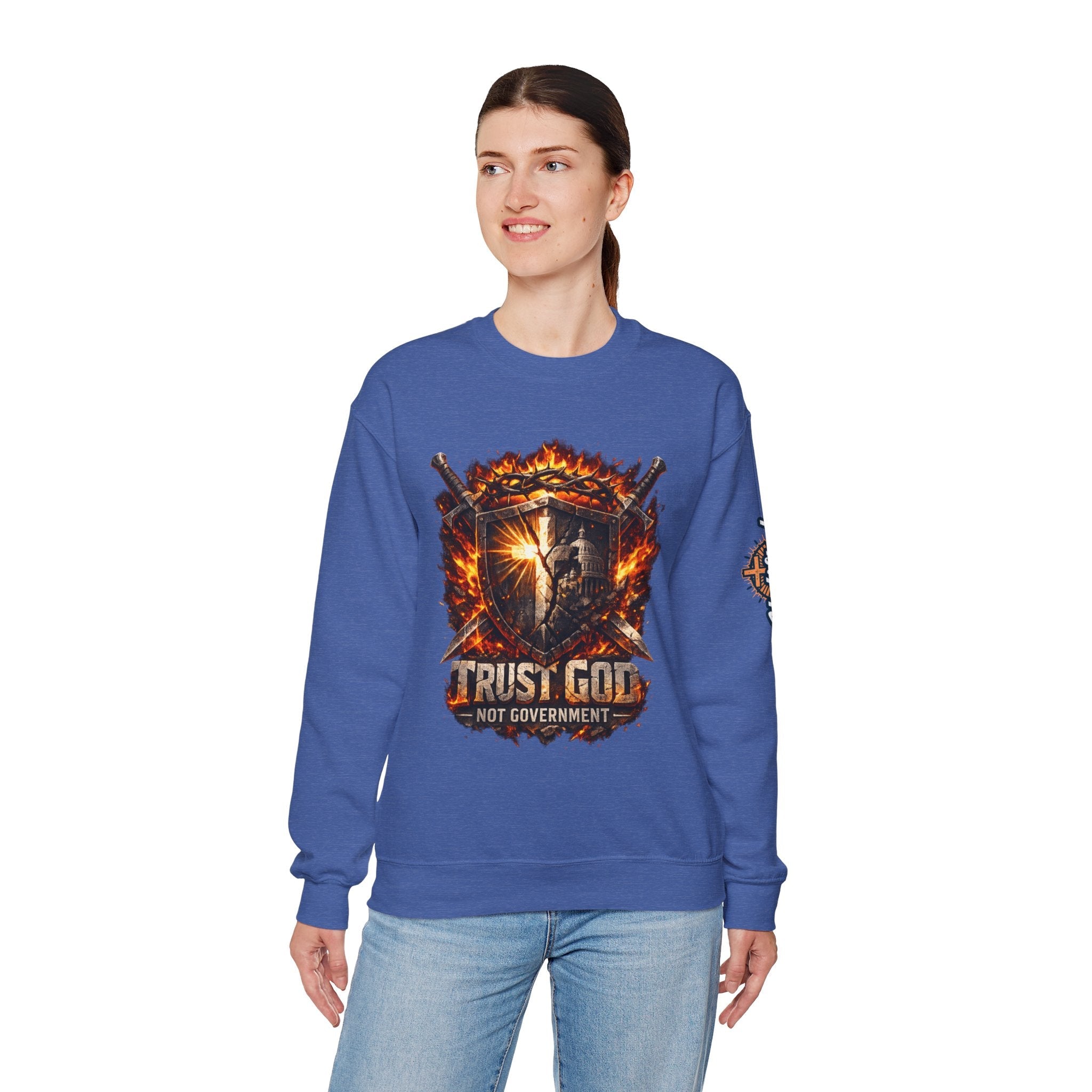 Trust God Not Government Shield Sweatshirt — Patriotic Christian Faith Sweatshirt Printify