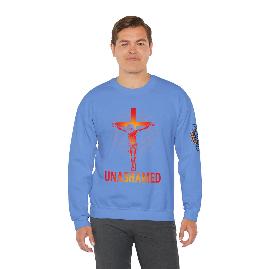 Unashamed Sweatshirt – Romans 1:16 Crucifixion Christian Sweatshirt for Bold Unwavering Faith Printify
