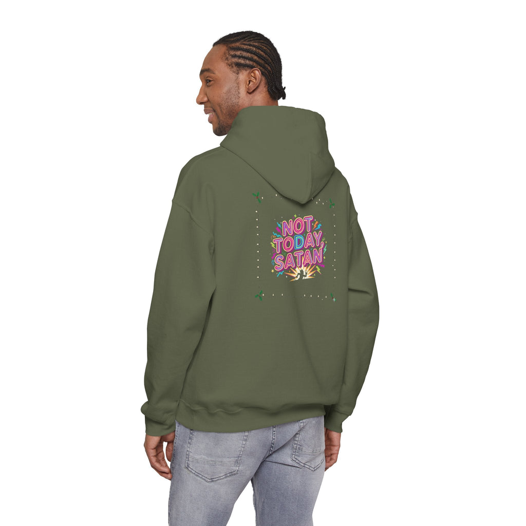 🔥 Not Today, Satan – Retro 90s Christian Hoodie | Neon Faith Tee | Funky Cartoon Devil | Bold Bible Verse Shirt | Uplifted Gear Printify