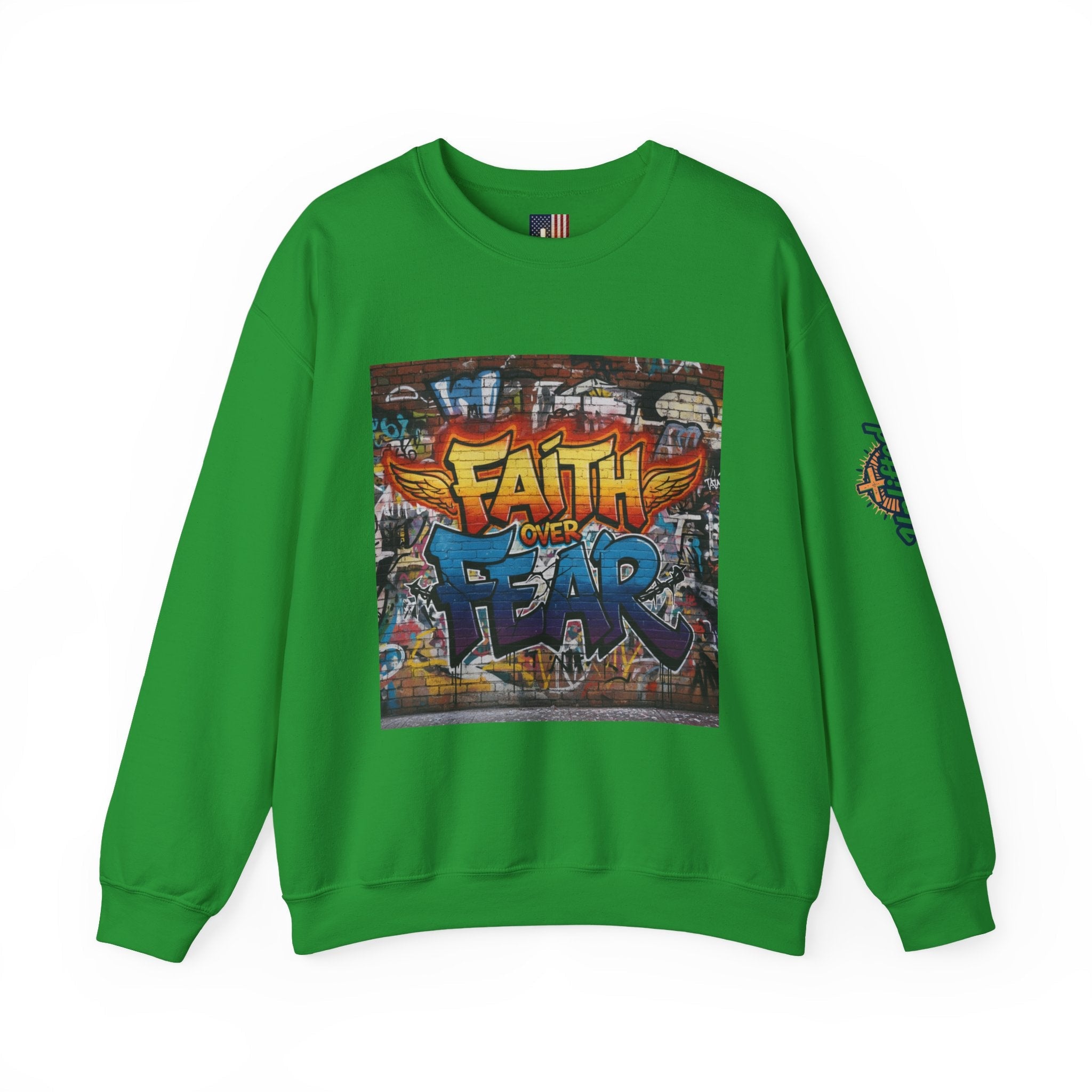 Faith Over Fear Sweatshirt – Graffiti Wall Christian Sweatshirt for Bold 2 Corinthians 5:7 Streetwear & Unshakable Faith Printify