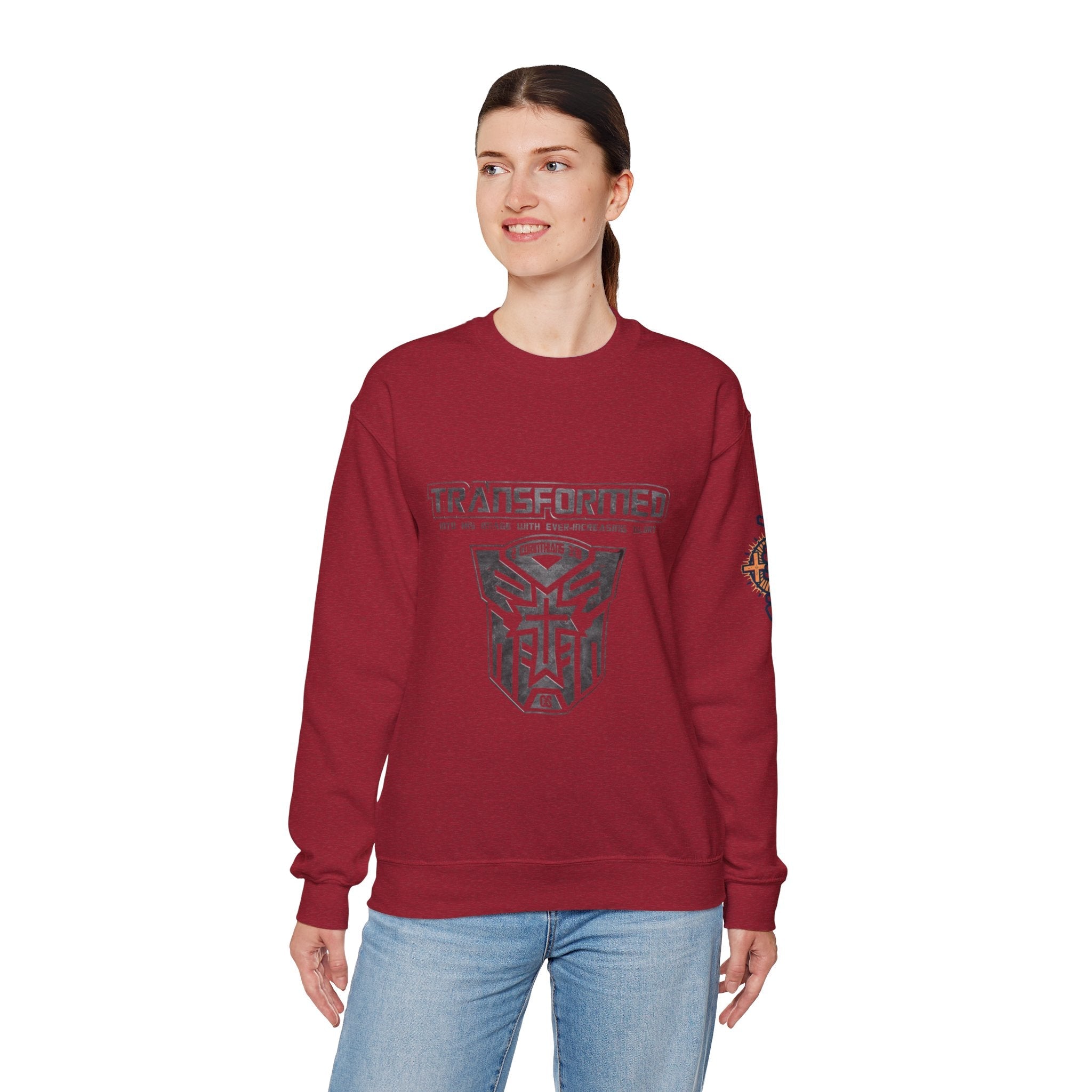Transformer Logo Christian Sweatshirt | 2 Corinthians 3:18 Bible Verse Sweatshirt Printify