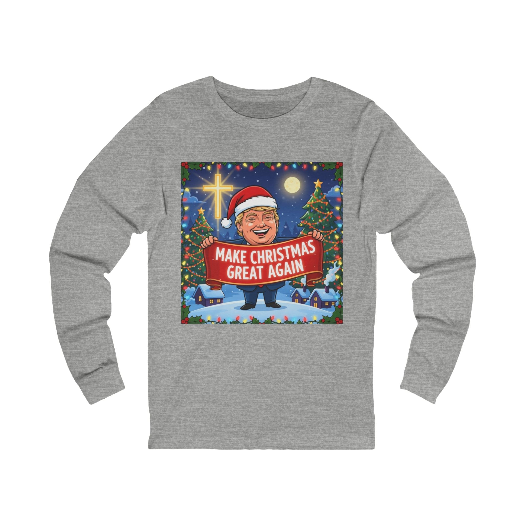 🎄 Make Christmas Great Again – Patriotic Christian Christmas Long Sleeve Shirt | Bold Holiday Faith Tee | Red & White Banner Design | Uplifted Gear Printify