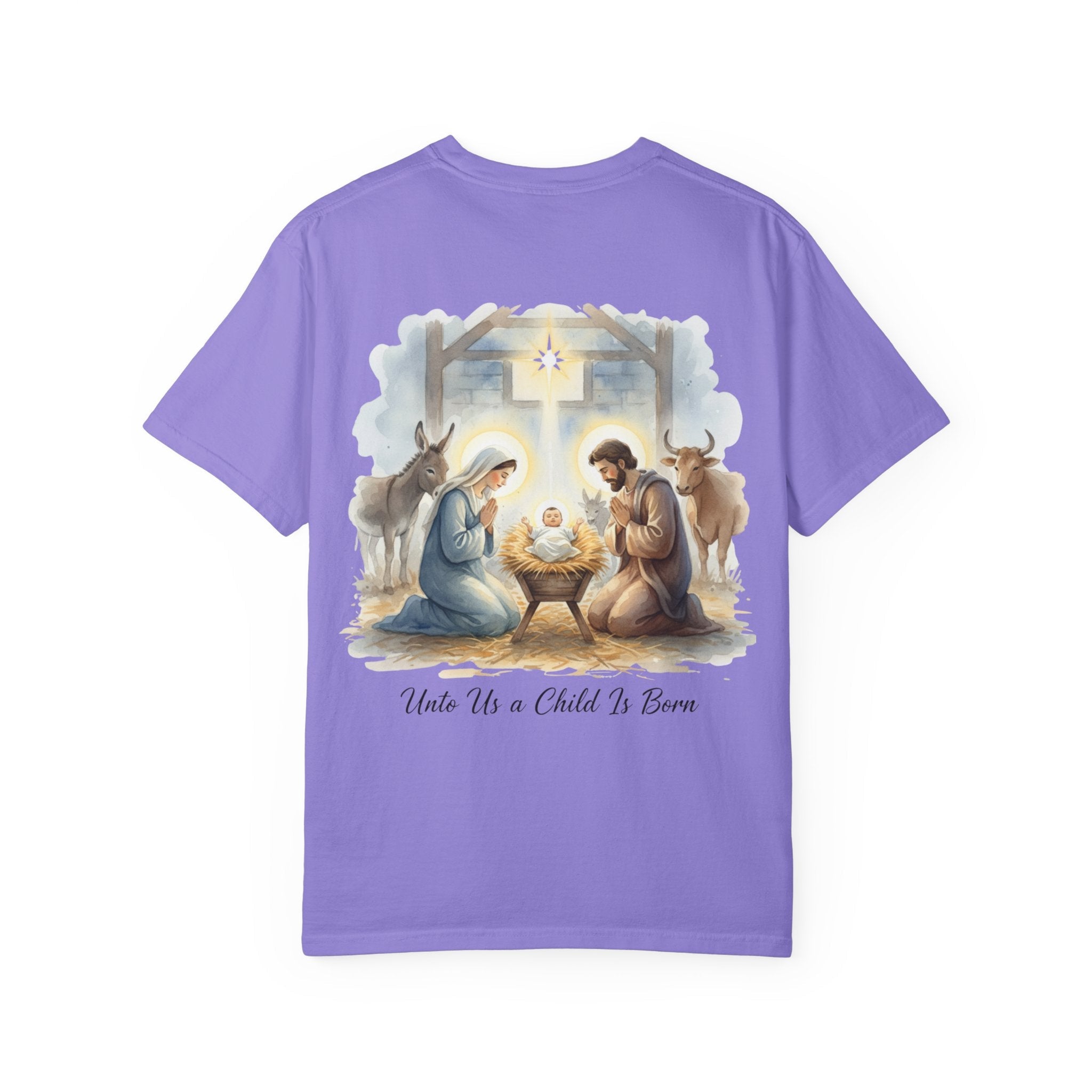Unto Us a Child is Born T-shirt – Isaiah 9:6 Nativity Manger Scene Christian Christmas T-shirt for Holy Night Faith Printify