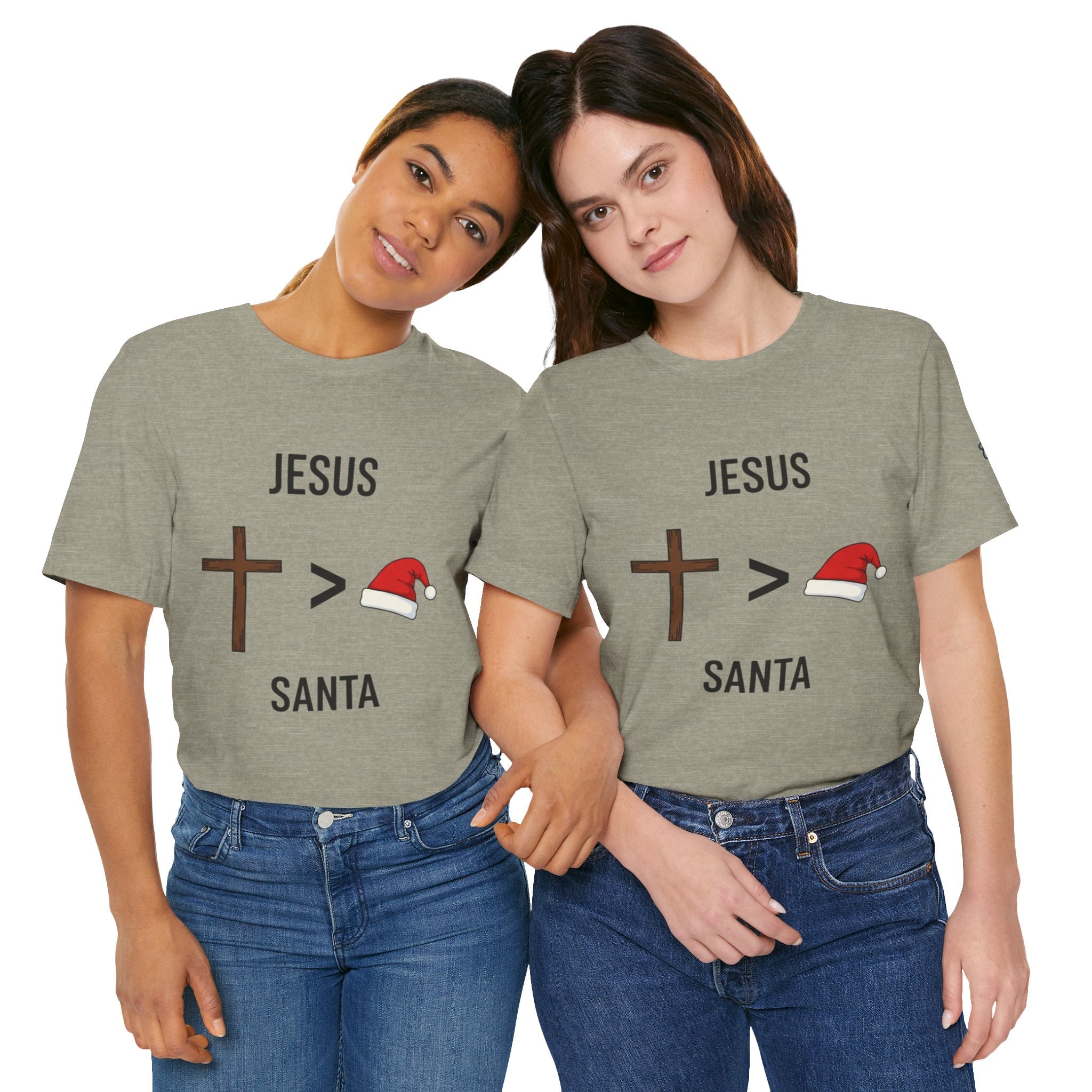 🎄 Jesus > Santa – Minimalist Christian Christmas T-Shirt | Bold Faith Over Holiday Tee | Cross vs Santa Hat Design | Uplifted Gear Printify