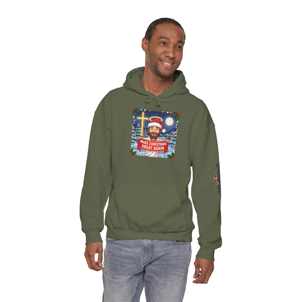 🎄 Make Christmas Great Again – Funny Christian Hoodie | Jesus Holding Banner | Faith-Based Holiday Parody Tee | Uplifted Gear Printify