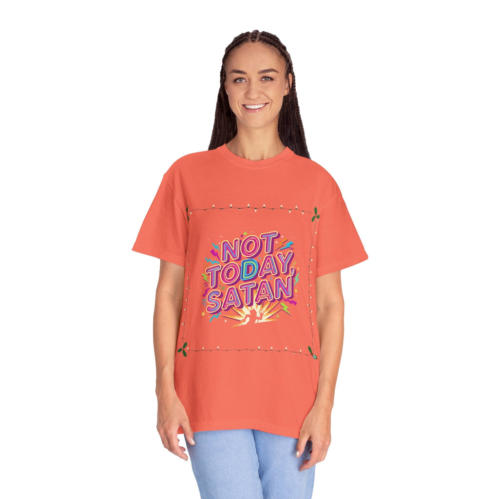 🔥 Not Today, Satan – Retro 90s Christian T-Shirt | Neon Faith Tee | Funky Cartoon Devil | Bold Bible Verse Shirt | Uplifted Gear Printify