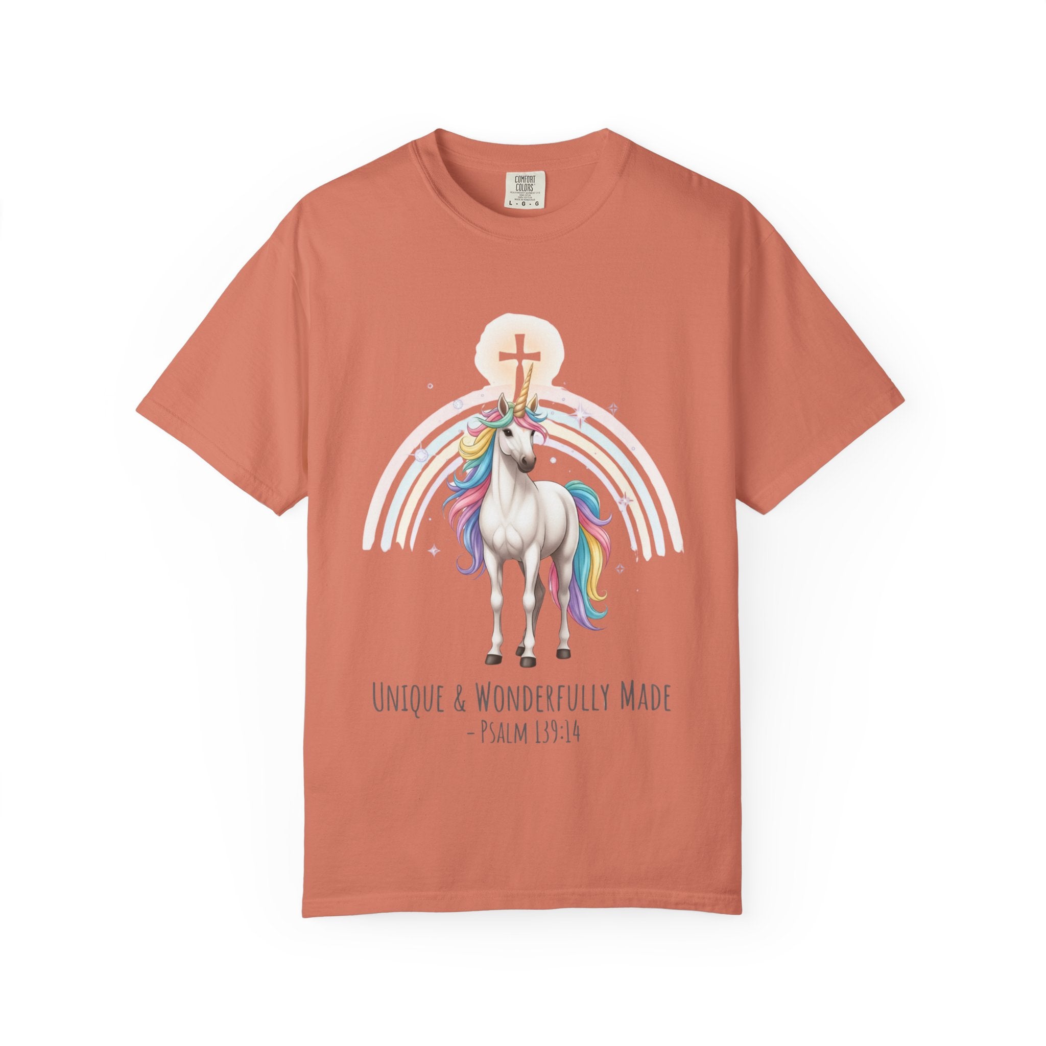 Unique Unicorn Christian T-Shirt – Wonderfully Made with Rainbow Cross & Psalm 139:14 Printify