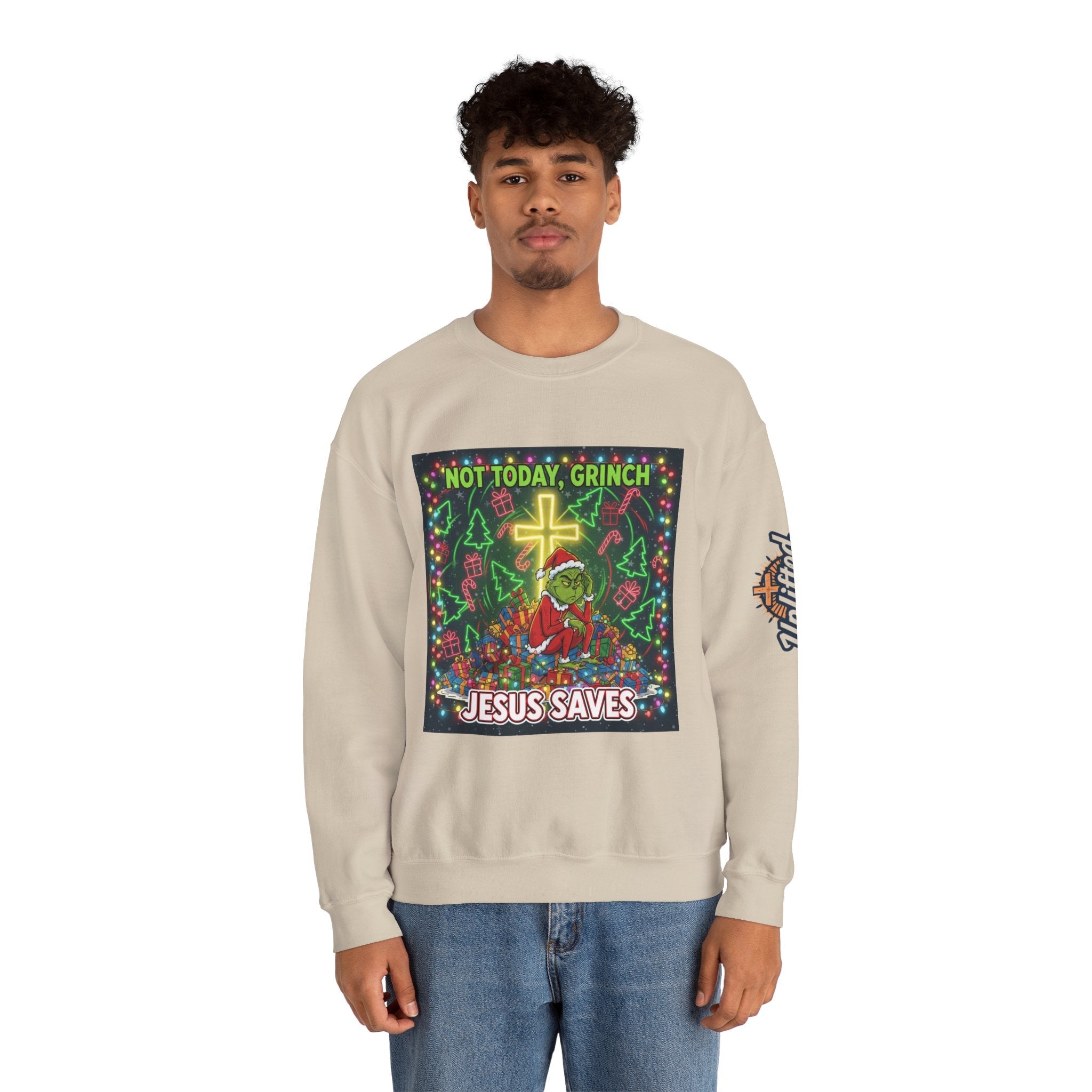 🎄 Not Today, Grinch – Jesus Saves | Funny Christian Christmas Sweatshirt | Festive Green & Red Cartoon Style | Bold Faith Holiday Tee by Uplifted Gear Printify