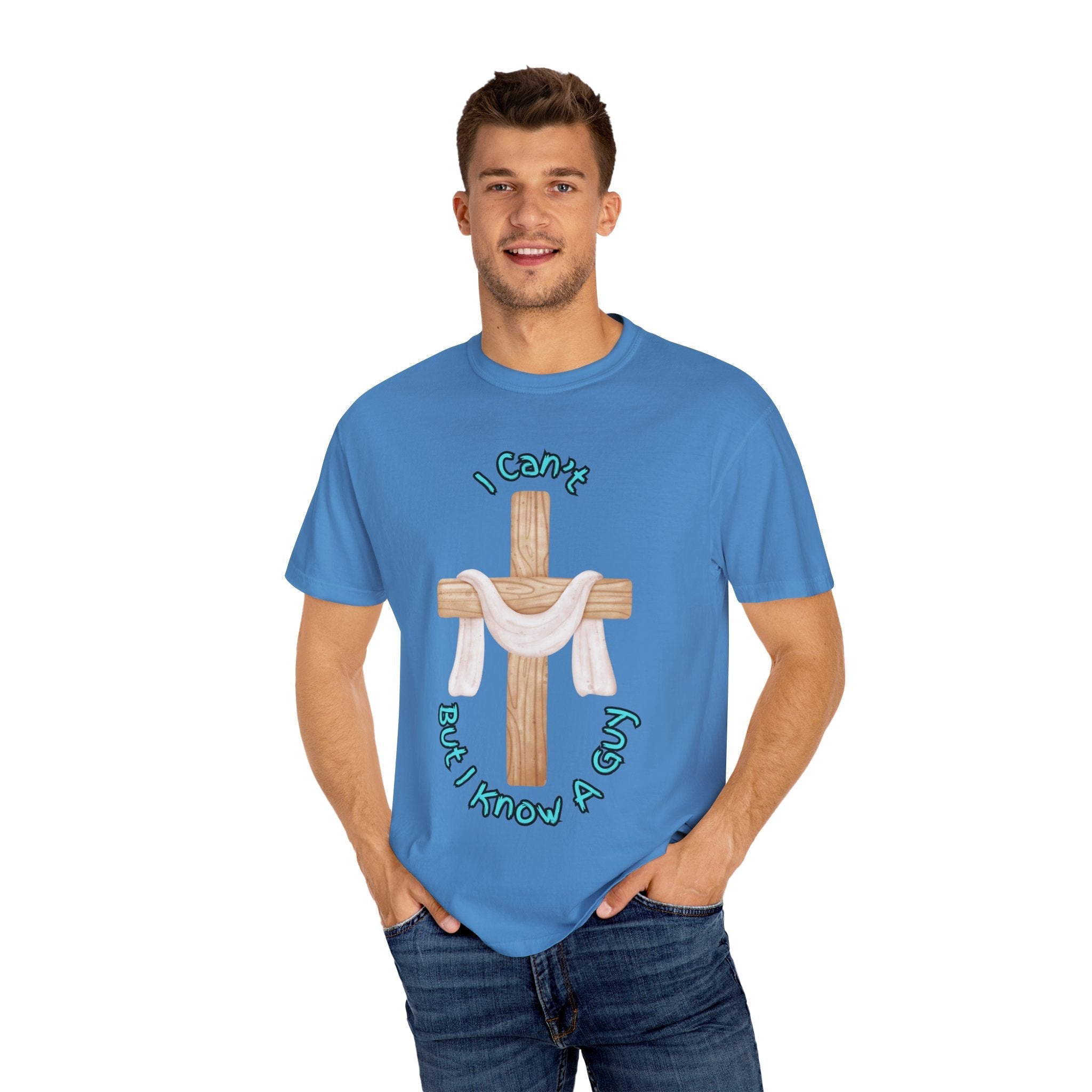 I Can’t, But I Know a Guy T-Shirt – Jesus Cross Christian Tee for Faithful Humor Printify