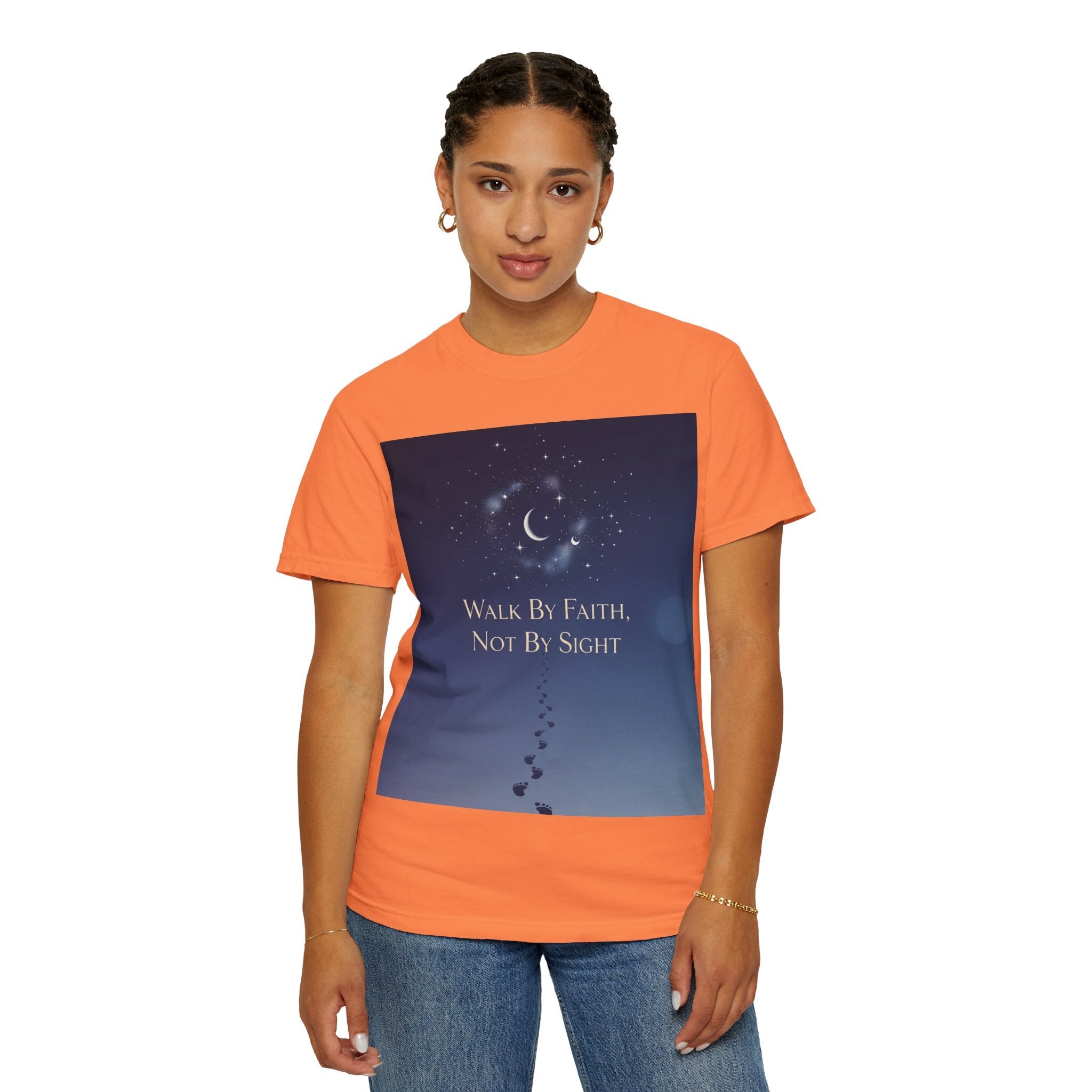 Walk by Faith, Not by Sight T-Shirt – Footprints in the Sand Christian Moonlit Tee Printify