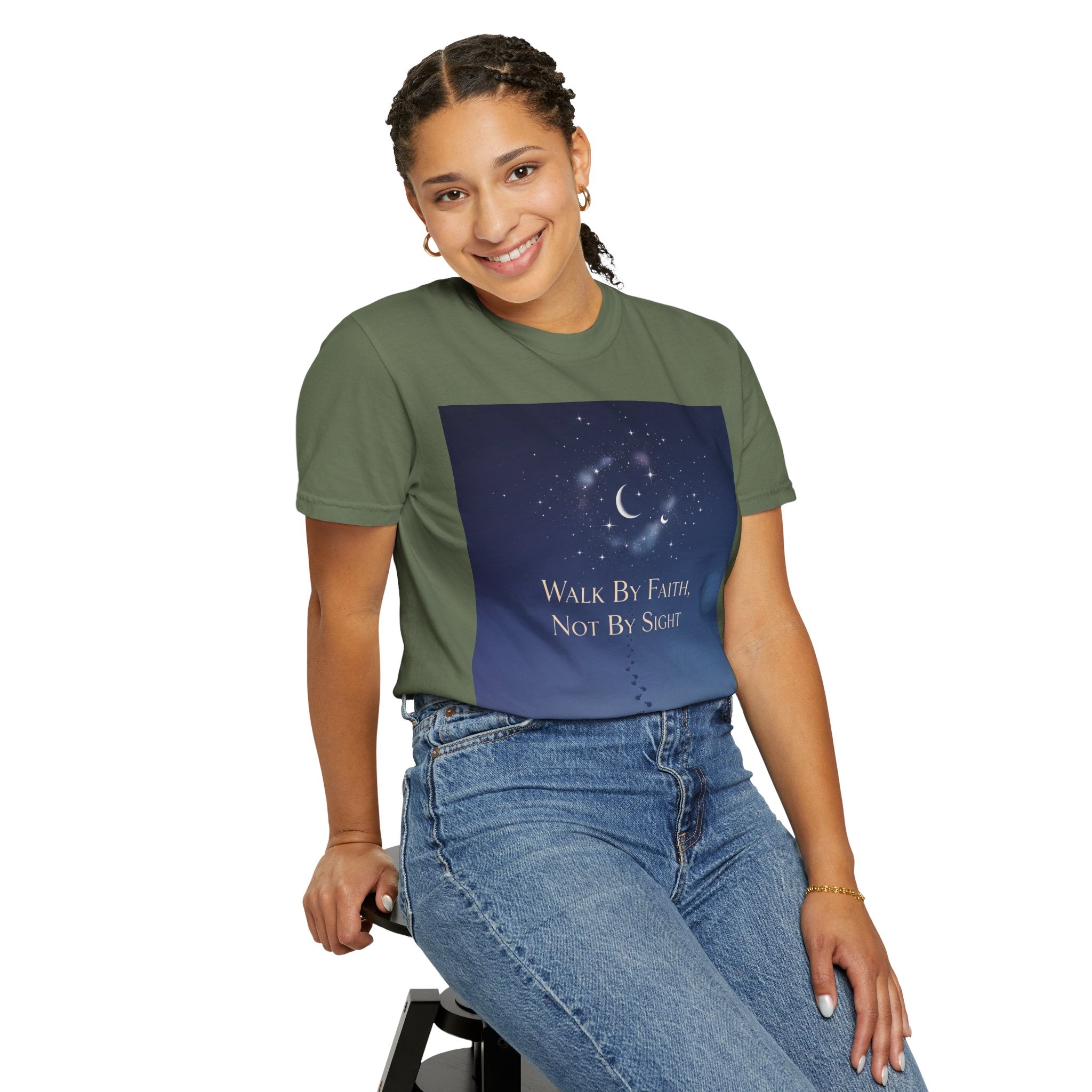 Walk by Faith, Not by Sight T-Shirt – Footprints in the Sand Christian Moonlit Tee Printify