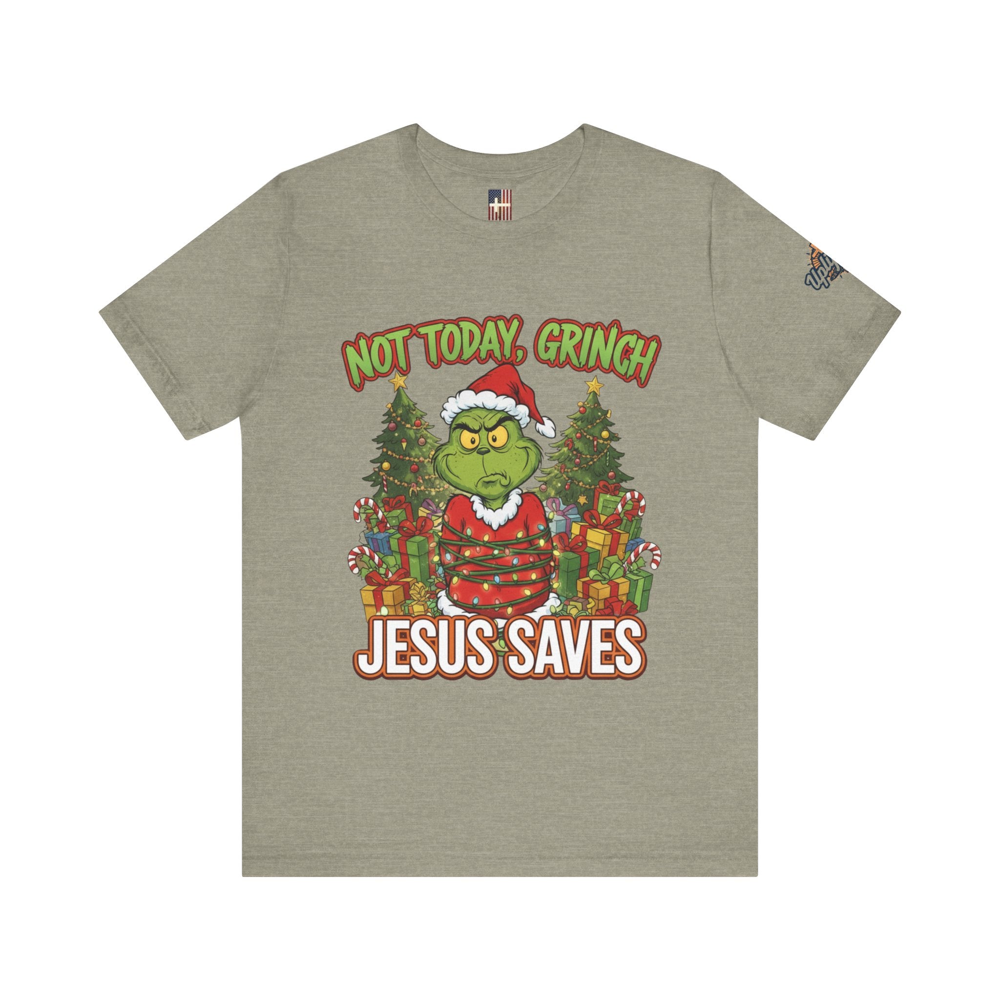 🎄 Not Today, Grinch – Jesus Saves | Funny Christian Christmas T-Shirt | Sulking Grinch & Glowing Cross | Bold Neon Faith Tee by Uplifted Gear Printify