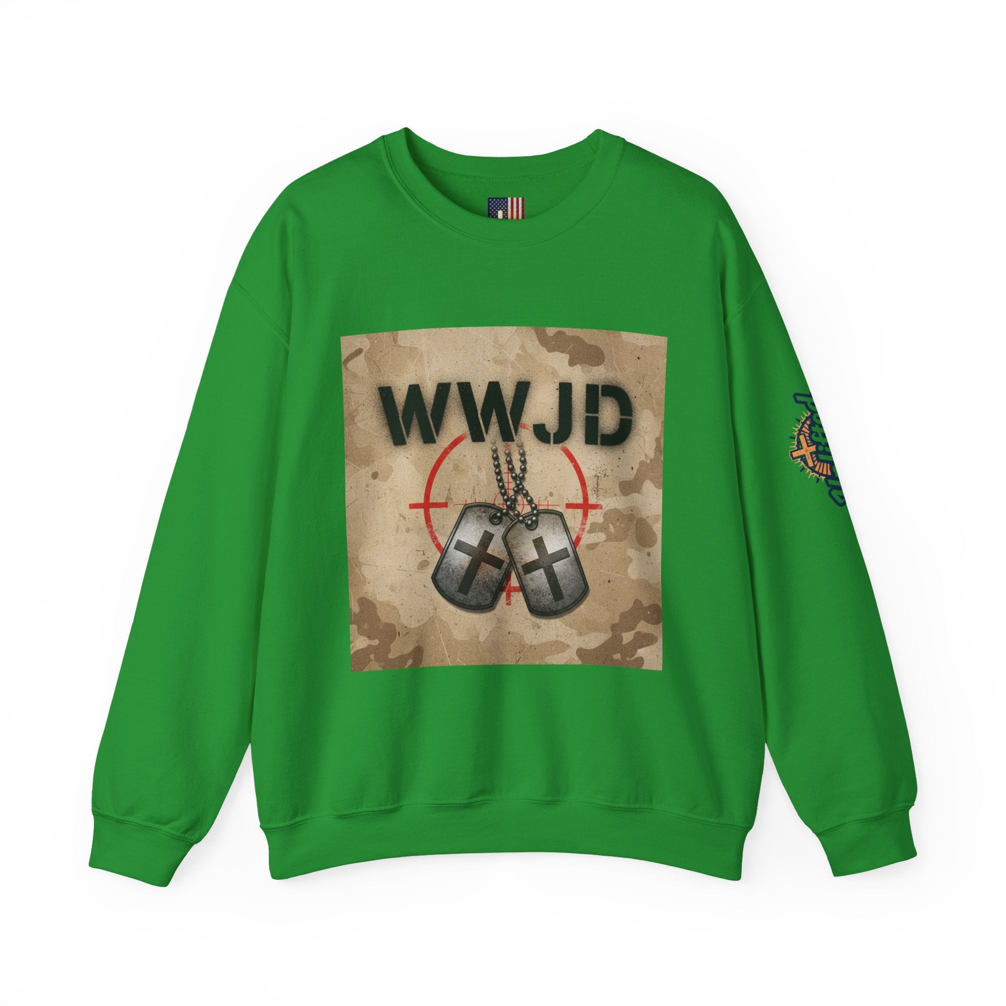 WWJD Sweatshirt – Military Dog Tags What Would Jesus Do Camo Christian Sweatshirt for Bold Faith & Streetwear Printify
