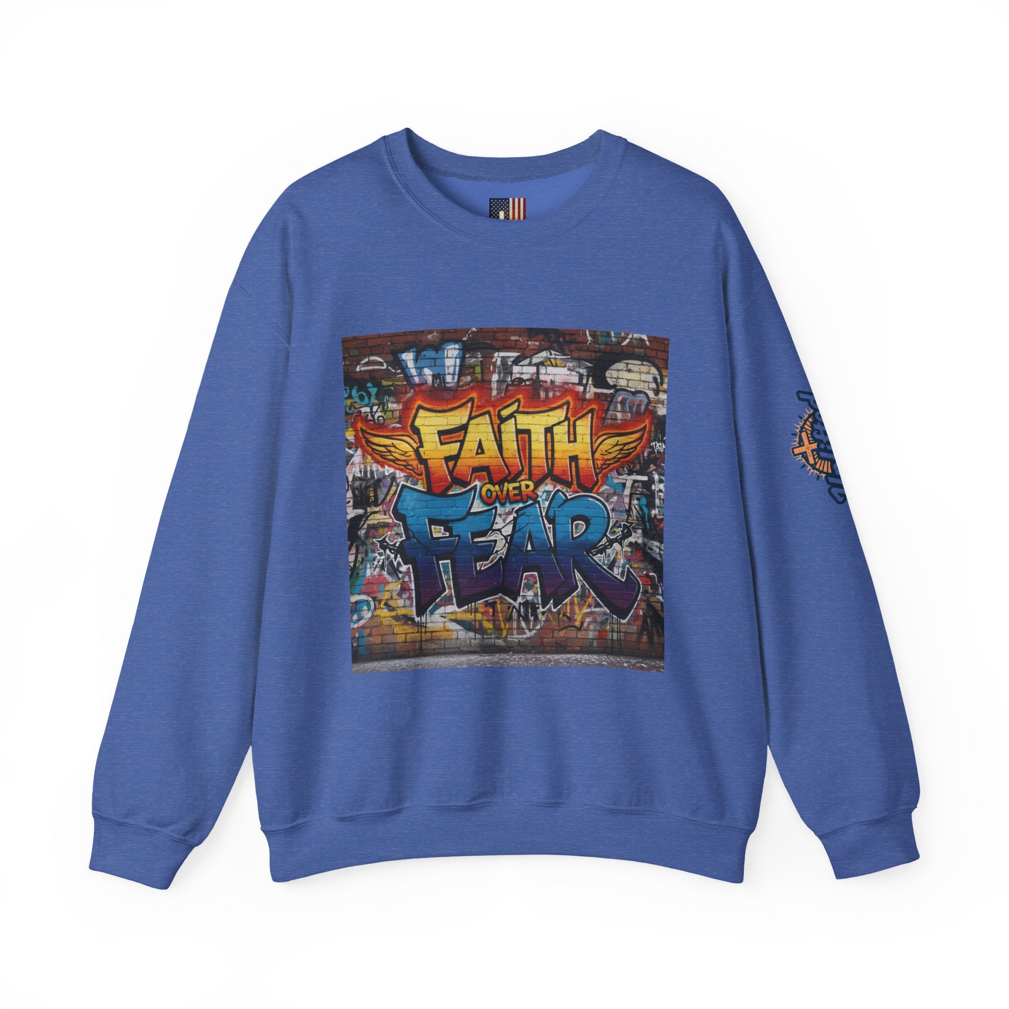 Faith Over Fear Sweatshirt – Graffiti Wall Christian Sweatshirt for Bold 2 Corinthians 5:7 Streetwear & Unshakable Faith Printify