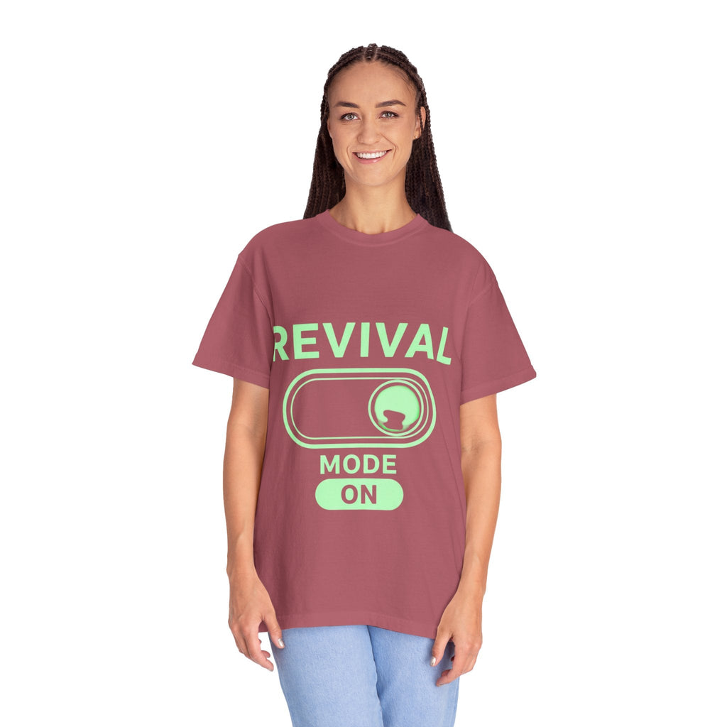 🔥 Revival Mode: ON – Christian Techwear T-Shirt | Glowing Green Faith Switch | Futuristic Jesus Shirt | Activate Your Spiritual Awakening | Uplifted Gear Printify